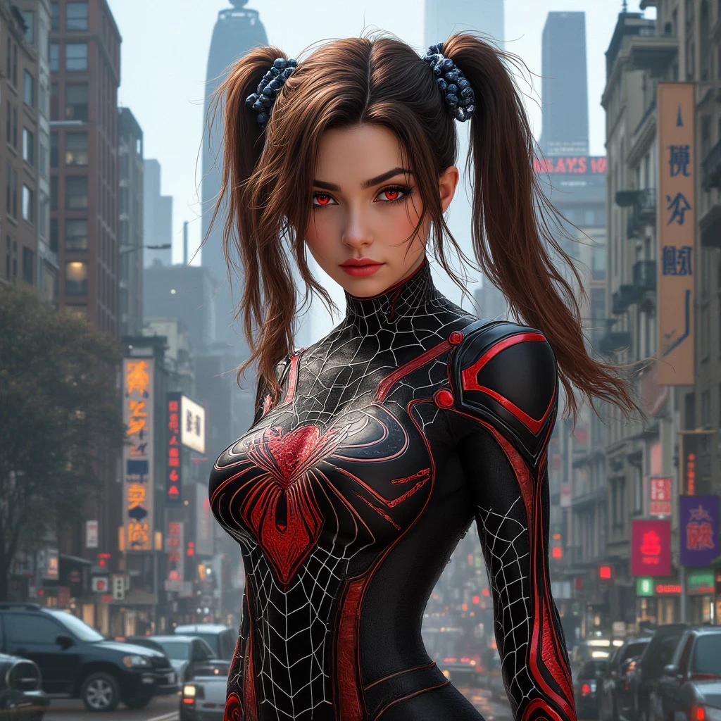 (masterpiece, best quality), intricate details, 8k, artstation, wallpaper, official art, splash art, sharp focus,, 1girl, long hair, twin tails, red eyes, brown hair, , spider suit, spider web printing, spider web, , skyscrapers, city, buildings, cars, street,