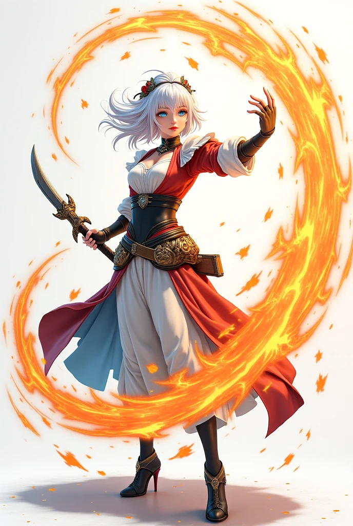 um close up de uma mulher em um traje com uma espada, Armadura refletida cor de fogo preta, vestido completo da vitrine de lava, wearing cloak on blasted plain, potion belt, usando chamas tumultuosas, ornate flowing robes, aparece como a deusa do fogo, Artefato JPEG pesado desfocado, ornate bikini armor, flame conjuring armored, sedutor druida tiefling