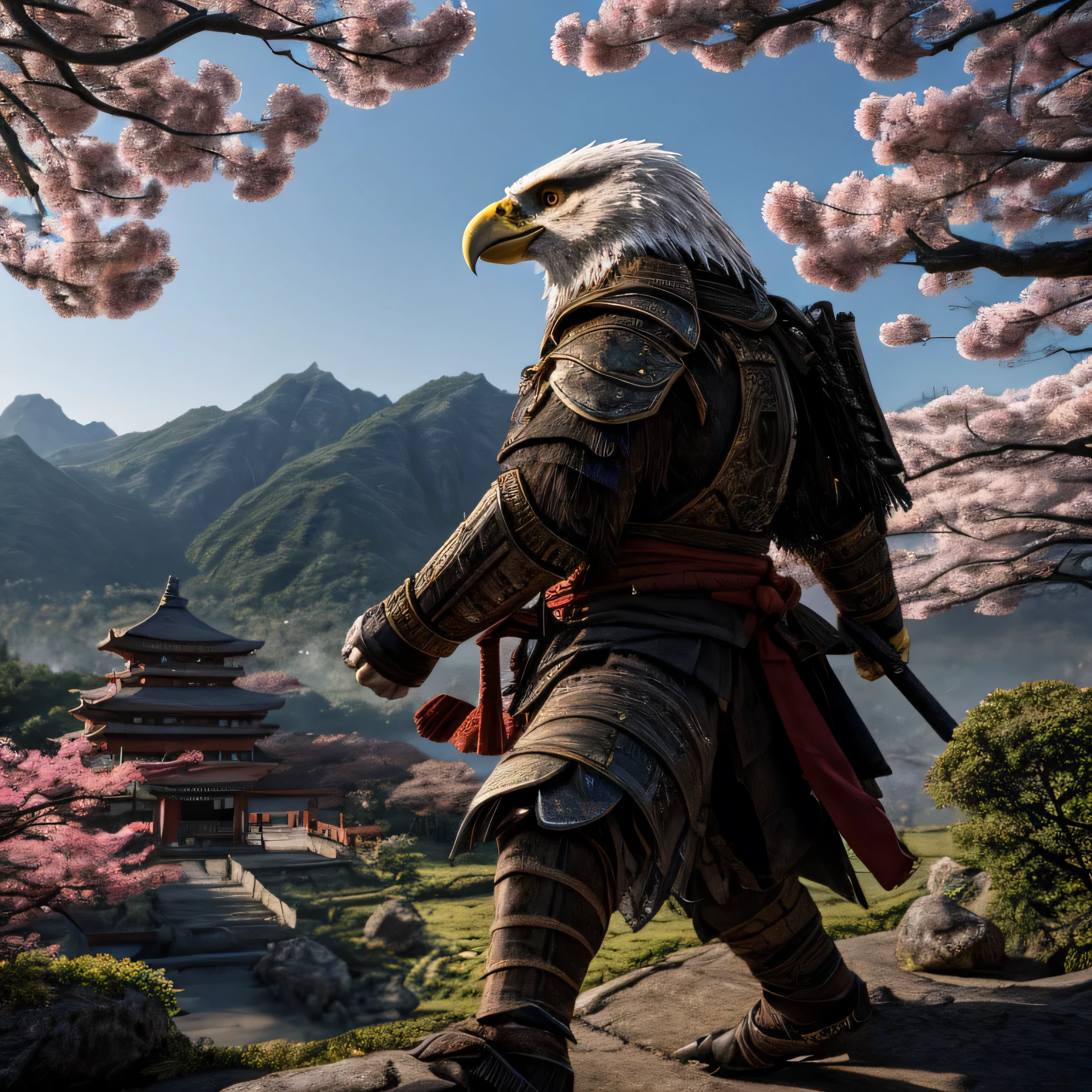 "Photorealistic, medium shot, side view of an anthropomorphic eagle dressed in detailed samurai armor, standing in a traditional Japanese setting. The eagle has sharp, intense eyes and intricately designed armor with engraved patterns, showcasing a blend of strength and elegance. The background features a scenic Japanese landscape with cherry blossom trees and traditional architecture. Cinematic color grading, dramatic lighting emphasizing the eagle's features and armor, set in daytime with soft natural light and dynamic shadows for a dramatic effect."
