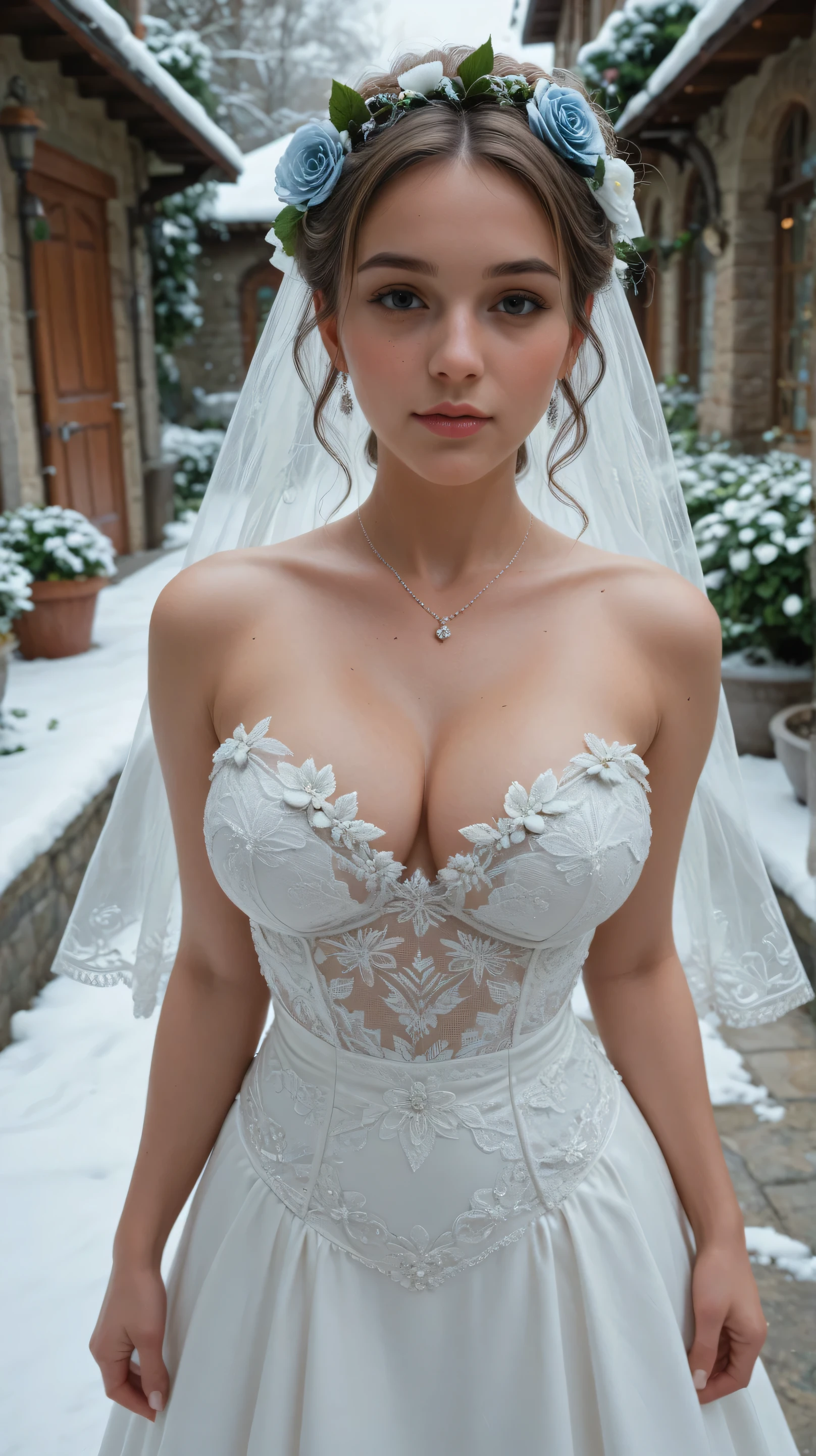 A cinematic scene, a beautiful woman with beautiful and elegant white winter coat fashion style in in the forest with snow, perfect makeup, elegant jewelry, extreme long shot in the style of realistic and hyperdetailed renderings, elegant figures, unique and one - of - a - kind pieces, The intricate details of her costume and the grandeur of the place create a visually striking image, enchanting realms, meticulous design, elegantly formal, charming characters haute couture dress, costume designe, realist --ar 3:4 --niji 5