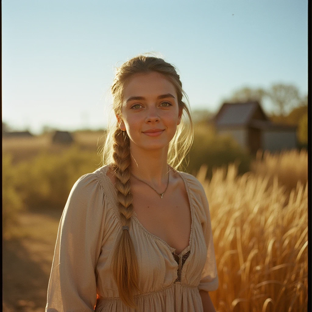 1girl, 20 years old, tall and attractive, wearing a cute country dress, hair braided, standing in a rustic farm setting. She has a soft, gentle smile and expressive eyes. In the background are charming barns, golden wheat fields and clear blue skies. The composition should be bathed in warm golden hour light, with soft depth of field and soft bokeh to accentuate the idyllic tranquility. Capture images as if they were shot on vintage 35mm film for added oomph, filmg,