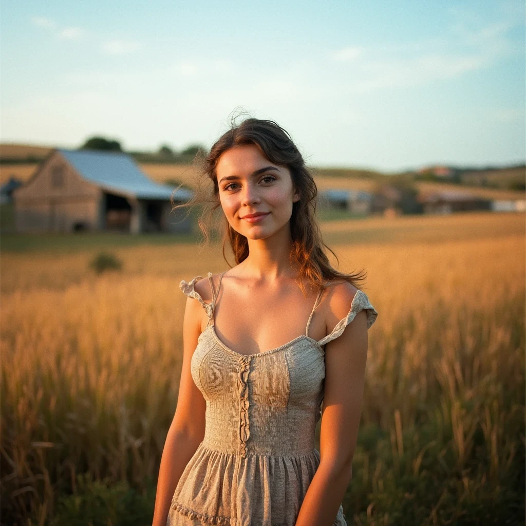 1girl, 20 years old, tall and attractive, wearing a cute country dress, hair braided, standing in a rustic farm setting. She has a soft, gentle smile and expressive eyes. In the background are charming barns, golden wheat fields and clear blue skies. The composition should be bathed in warm golden hour light, with soft depth of field and soft bokeh to accentuate the idyllic tranquility. Capture images as if they were shot on vintage 35mm film for added oomph, filmg,