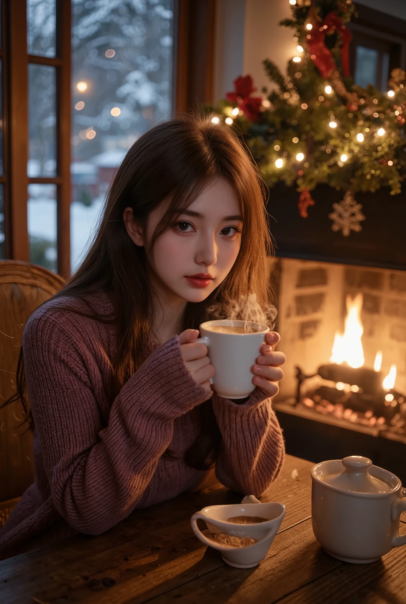 portrait photo, a girl drinking a hot coffee, Hot coffee with steam , I stare at you as you warm up in the fireplace, A beautiful snowy landscape spreading out of the window , Dramatic Cinema , Merry Xmas