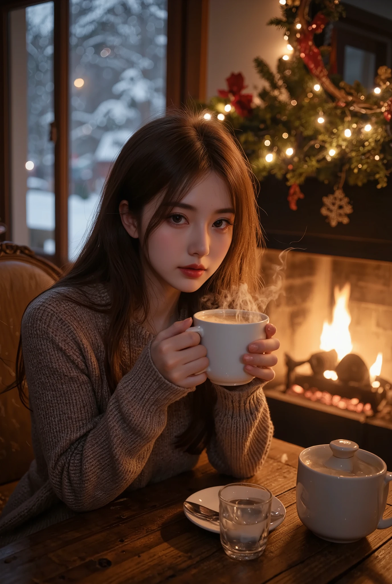 portrait photo, a girl drinking a hot coffee, Hot coffee with steam , I stare at you as you warm up in the fireplace, A beautiful snowy landscape spreading out of the window , Dramatic Cinema , Merry Xmas