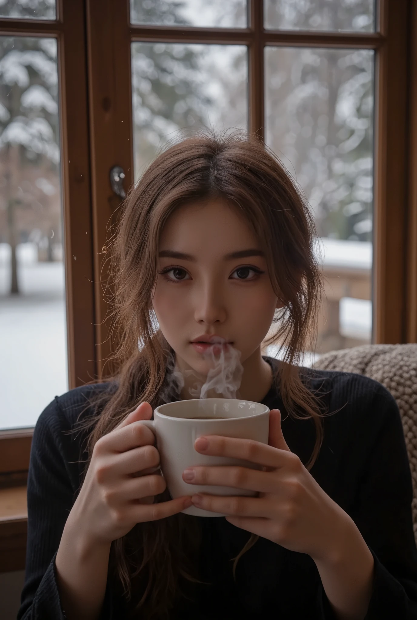portrait photo, a girl drinking a hot coffee, Hot coffee with steam , I stare at you as you warm up in the fireplace, A beautiful snowy landscape spreading out of the window , Dramatic Cinema , Merry Xmas