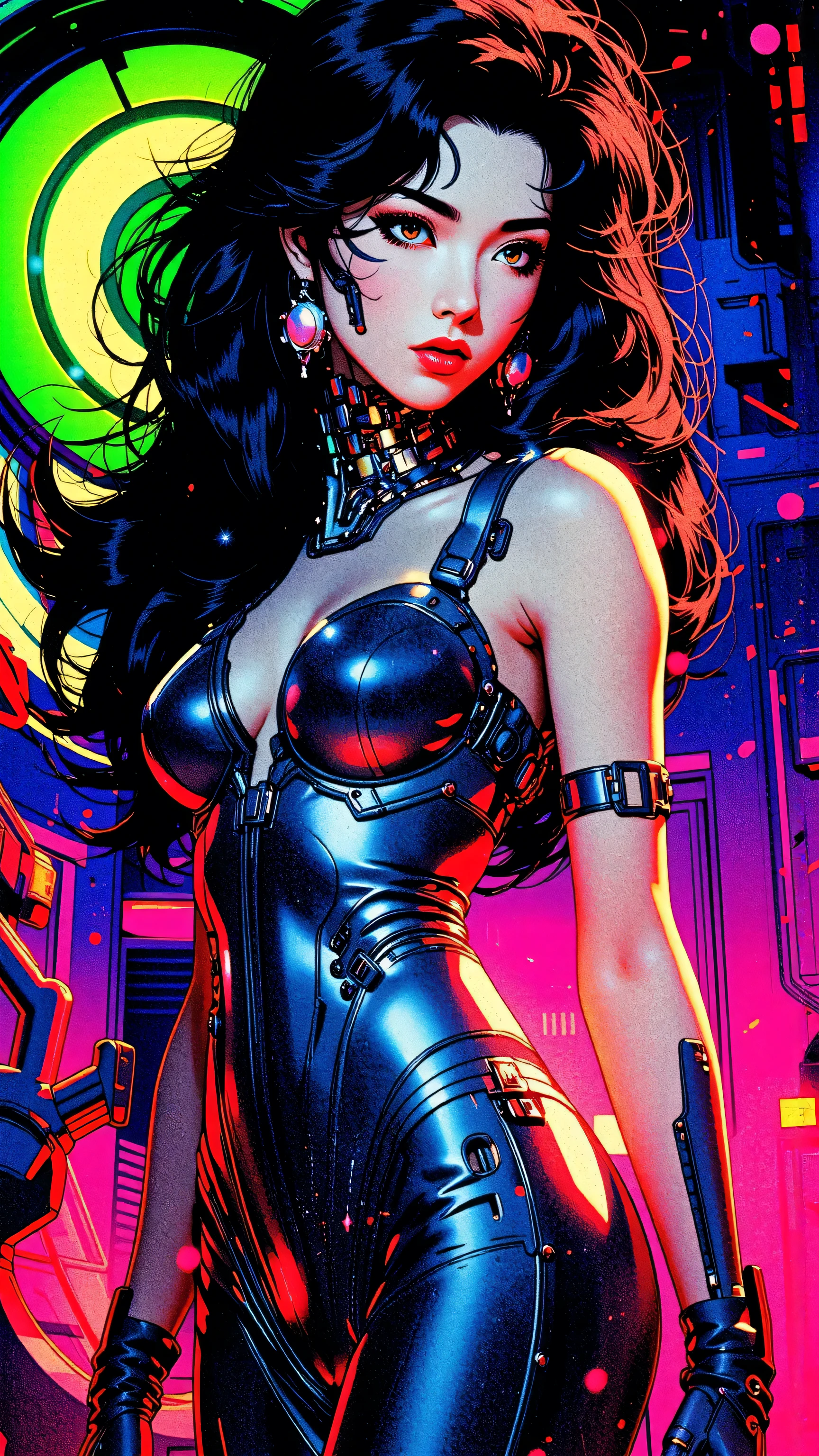 midshot, cel-shading style, centered image, ultra detailed illustration of Alison Tyler, (tetradic colors), inkpunk, ink lines, light particles, strong outlines, art nouveau, art by MSchiffer, bold traces, unframed, high contrast, cel-shaded, vector, art by MSchiffer, Interstellar background