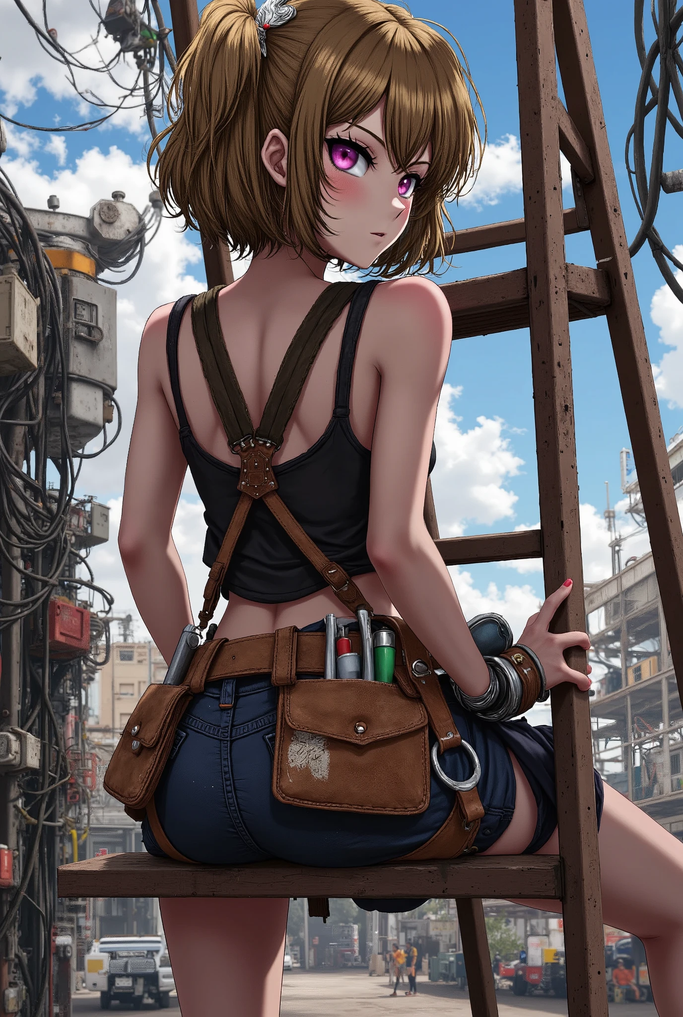 Beautiful woman doing electrical work , stepladder、 tanned leather tool belt with electrician tools、Full Harness、anime