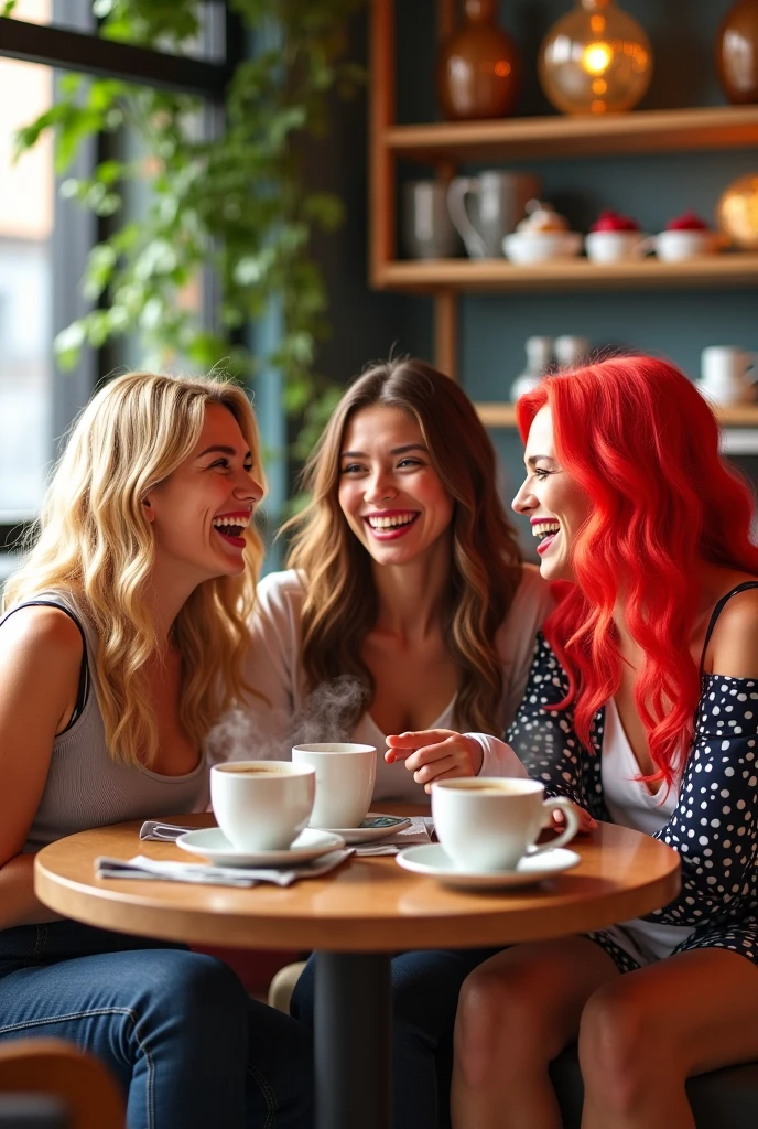 A woman with short blonde hair, a woman with red hair, and a brunette with short black hair