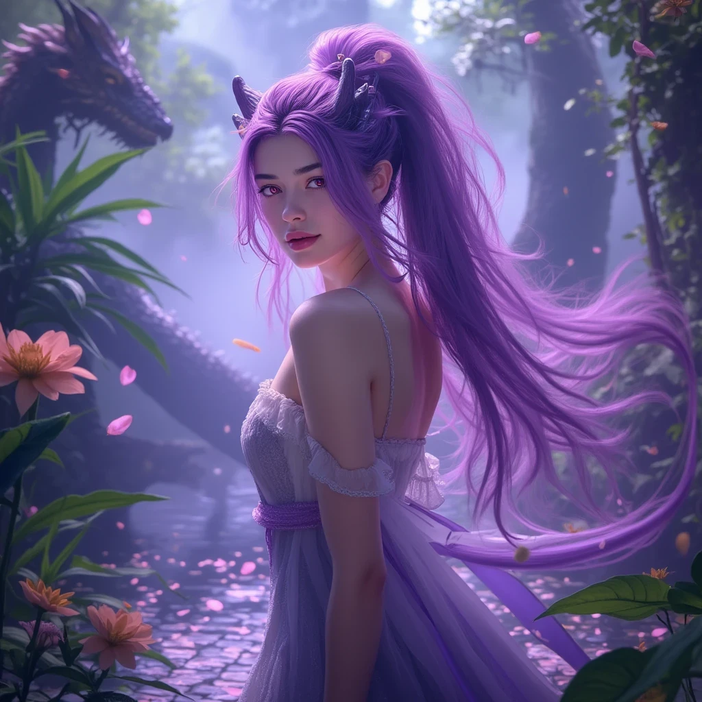 ((Masterpiece, Best Quality)), (Negative Space: 1.2), (1 Girl, Solo: 1.4), Petals, Pink Eyes, Dragon Girl, Long, Purple Hair, High Ponytail, Liquid Hair, Flowers, Dragon Background