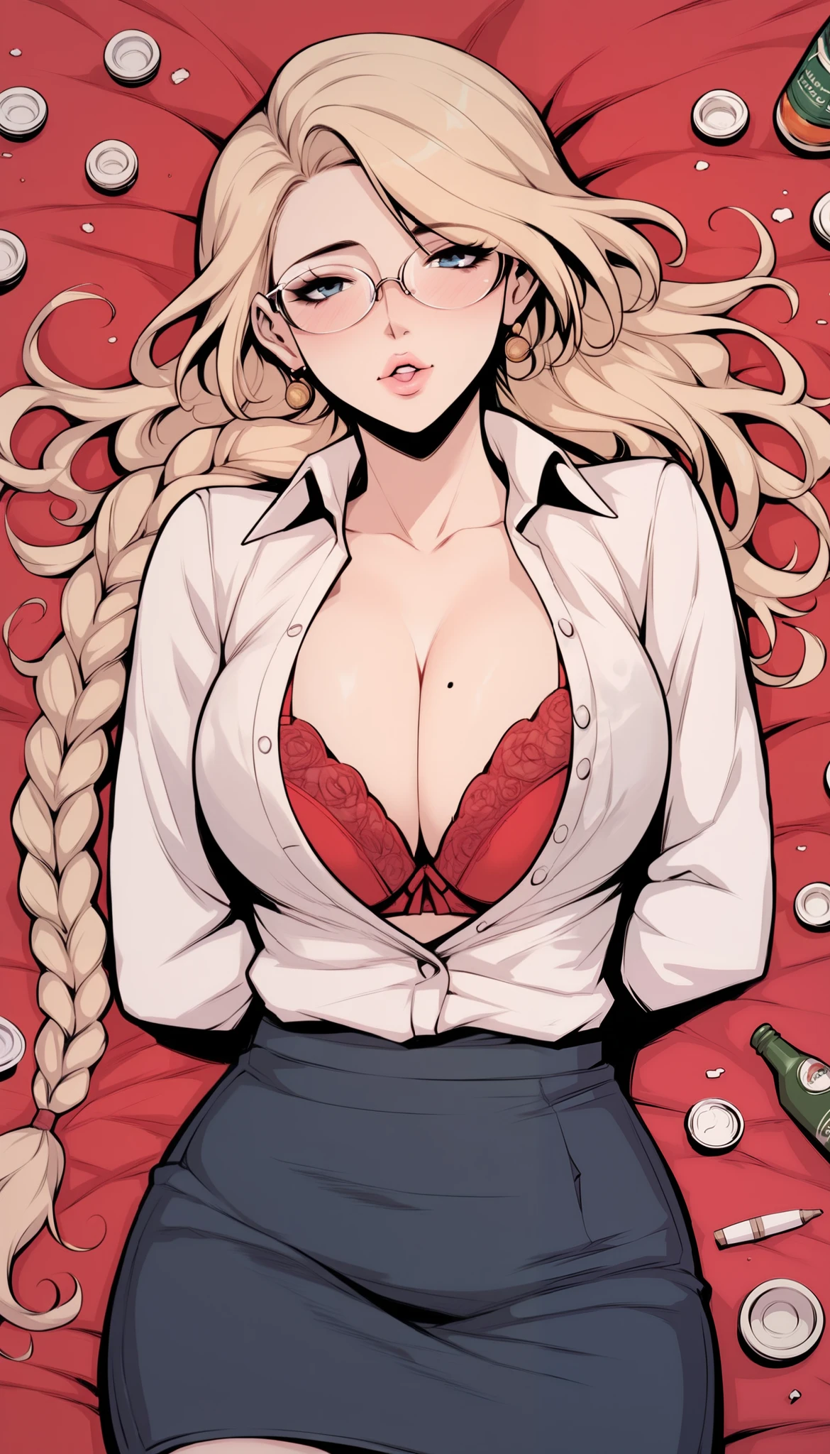 score_9, score_8_up, score_7_up, score_6_up, score_5_up, score_4_up, BREAK 1girl, intricate, making a cute pout in love, slightly drunk, long-sleeved blouse, open, buttons, sexy red bra, pencil skirt, prescription glasses, seductive neckline, Yakuza outfit, (eyeliner:1.2), looking at viewer, blonde hair, long braid, blue eyes, long hair, pink lips , pale skin, jewelry, detailed background, big breasts (masterpiece, high quality:1), lying in bed, messy, voluptuous body, mature woman