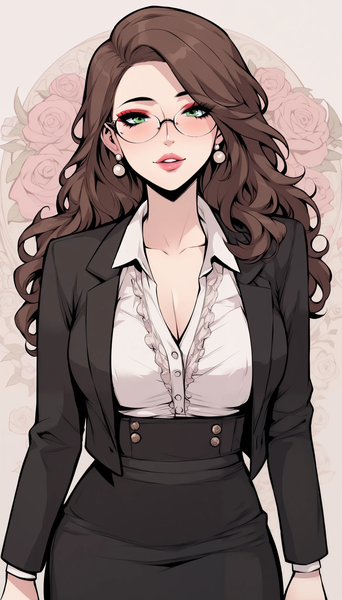score_9, score_8_up, score_7_up, score_6_up, score_5_up, score_4_up, BREAK 1girl, intricate, making a cute pout in love, slightly drunk, business jacket, white blouse, disheveled blouse, pencil skirt, prescription glasses, seductive neckline, Yakuza outfit, (eyeliner:1.2), looking at viewer, brown hair, green eyes, long hair, pink lips , pale skin, jewelry, detailed background, big breasts (masterpiece, high quality:1), private office, voluptuous body, mature woman