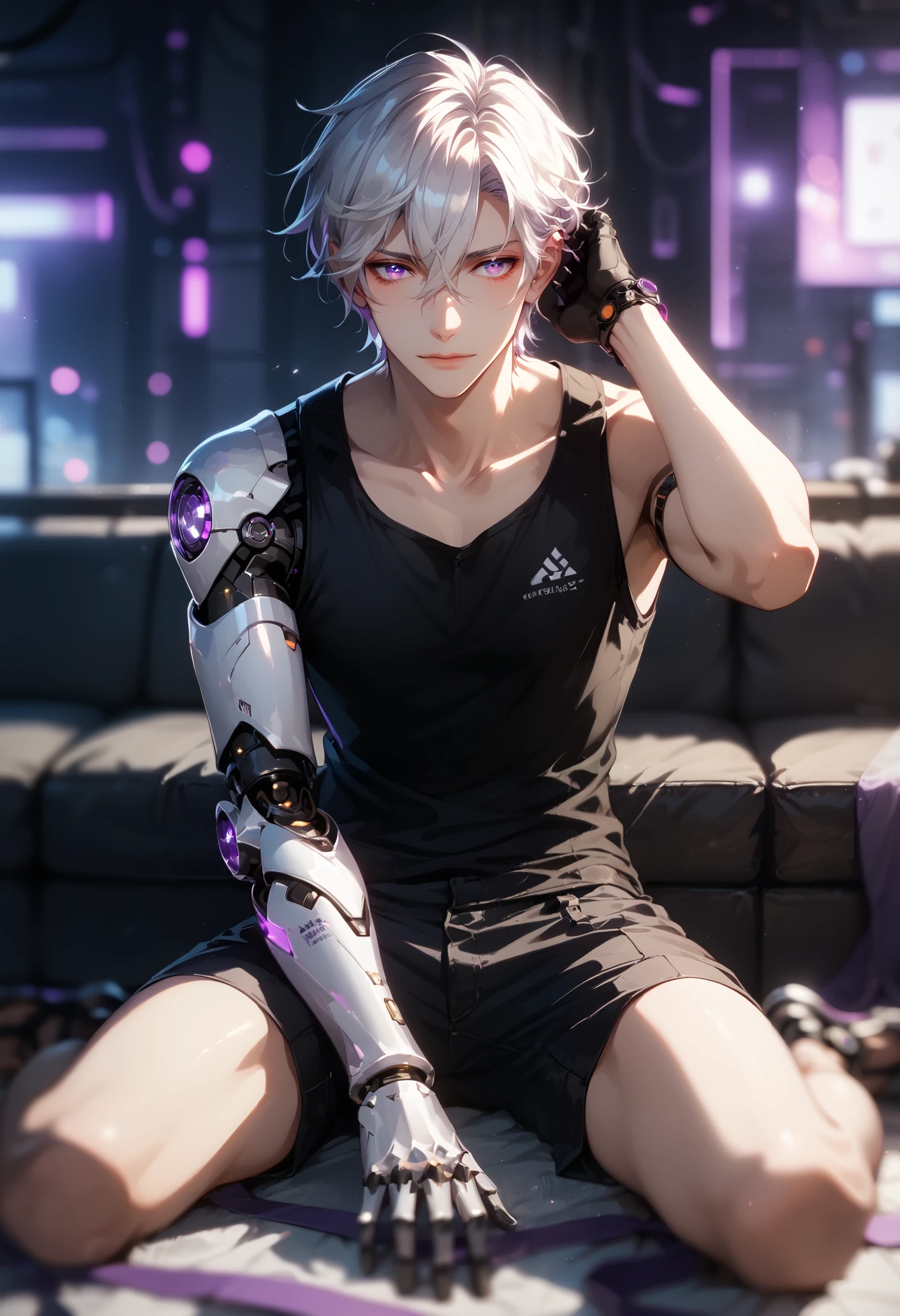 (Masterpiece), best quality, highest quality, highly detailed CG unity 8k wallpaper, original, high resolution, (depth of field: 1.5), fidelity: 1.3, (full body view), solo male, short white hair, hair between eyes, purple eyes, black tank top, one robotic arm, purple lighting, cybernetic, futuristic,