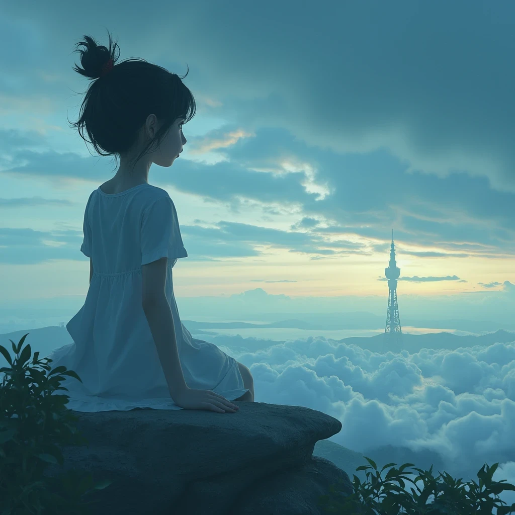 anime girl sitting on a rock looking at the sky,a sky piercing tower far far away, makoto shinkai cyril rolando, anime art wallpaper 4 k, anime art wallpaper 4k, cyril rolando and goro fujita, anime art wallpaper 8 k, 4k anime wallpaper, anime wallpaper 4 k, anime wallpaper 4k, ( ( makoto shinkai ) ), makoto shinkai!