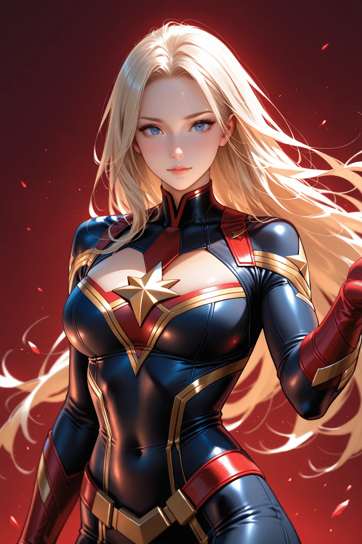 1girl, white background, busty, cleavage, cptMarvel, bodysuit
