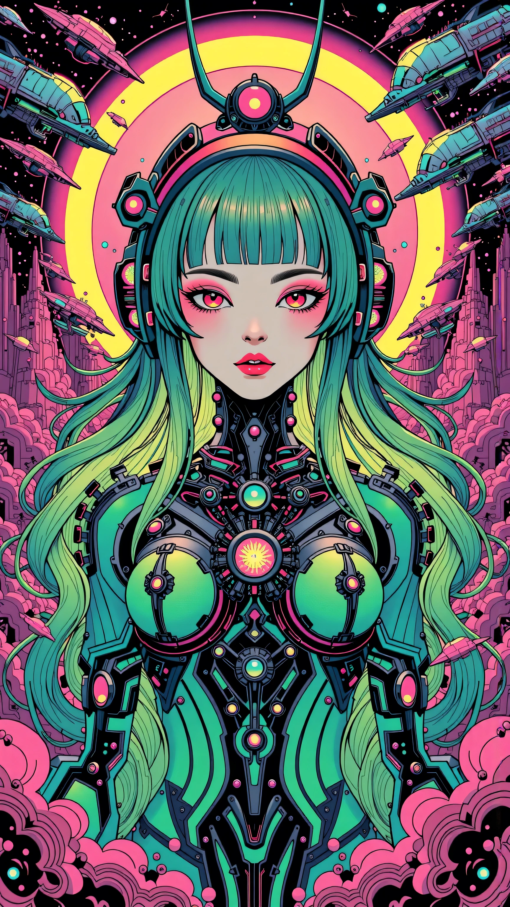(((masterpiece))), (((best quality))), ((ultra-detailed)), (very detailed CG illustration), ((extremely delicate and beautiful)),cinematic light, biomechanics, dystopianx style, fog, darkness, cybernetics, artificial intelligence, space station environment, System Shock, Shodan, pale skin cybernetics, beautiful female, (cables attached to neck: 1.3), shiny short cyber hair, beautiful cybernetic face, menacing bright green cyber-eyes, breasts massive, colossal breasts, monstrous breasts, plump, thick thighs, cameltoe, neons (red, magenta, pink, glow, hue), (Evil robot), eyes glowing