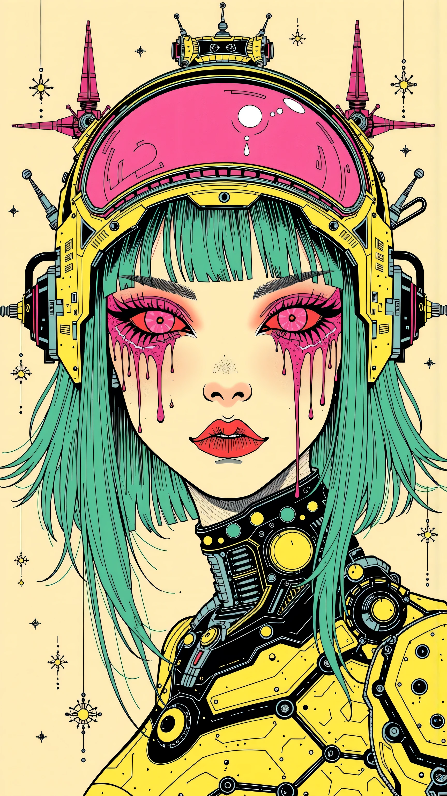 ((best quality)), ((masterpiece)), (detailed), perfect face of cyberpunk mecha japanese girl, neon pink eyes, neon green body, neon green hair, ((monochromatic neon pink, yellow, and green color palette)), surreal, art nouveau, in the illustrative style of moebius, spaceships, aliens, fantasy, sci-fi, graphic novel, line drawing, french retro, bizarre, gallery worthy, work of uncanny art,