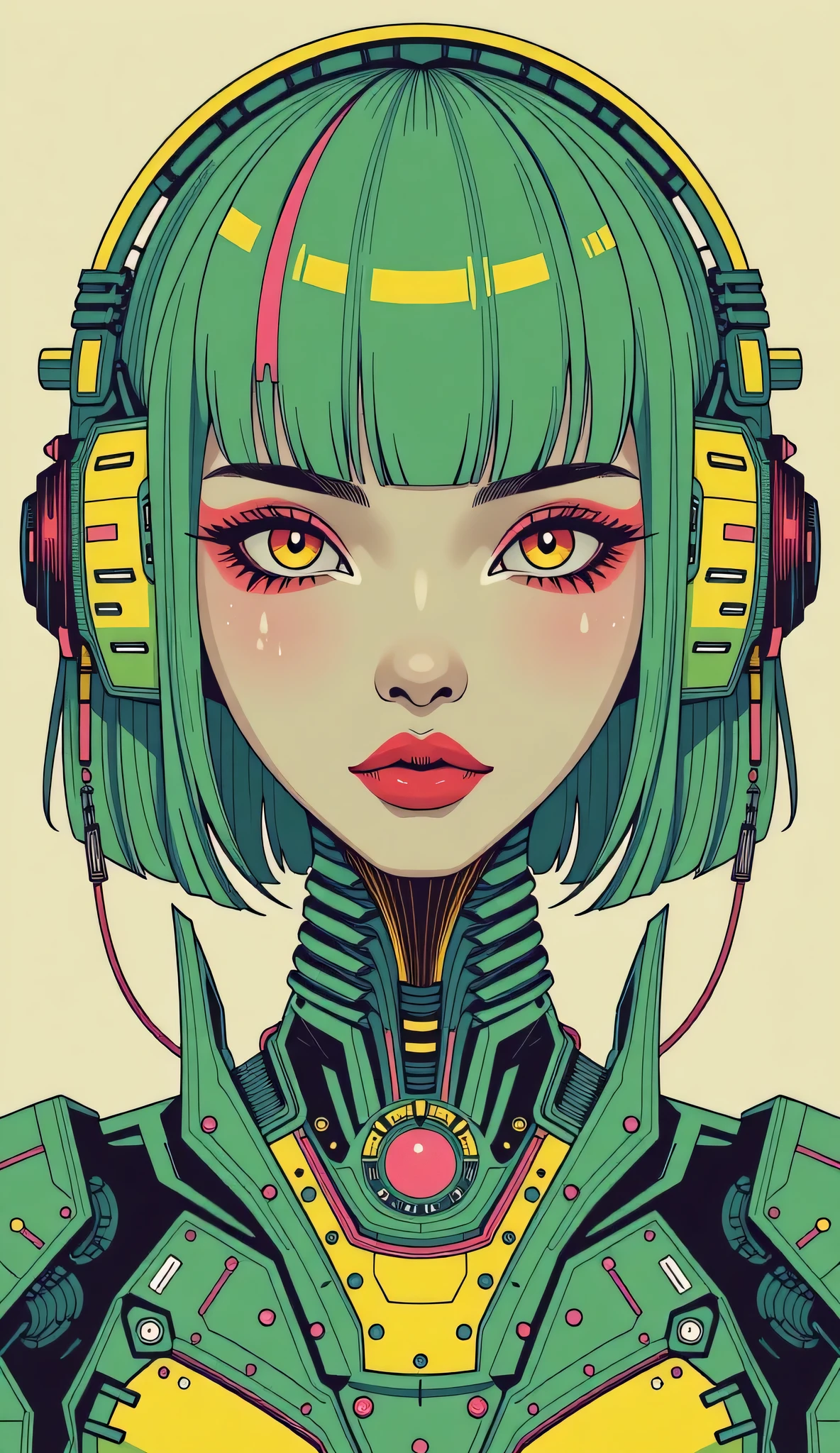 ((best quality)), ((masterpiece)), (detailed), perfect face of cyberpunk mecha japanese girl, neon pink eyes, neon green body, neon green hair, ((monochromatic neon pink, yellow, and green color palette)), surreal, art nouveau, in the illustrative style of moebius, spaceships, aliens, fantasy, sci-fi, graphic novel, line drawing, french retro, bizarre, gallery worthy, work of uncanny art,