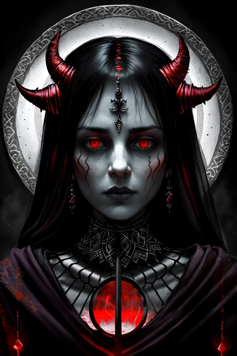 Ambilight, masterpiece, ultra-high quality, (Ultra detailed original illustration), Beautiful Girl, Upper body, Horns, ((Evil Fashion)), Crying Blood, Splash, Blood Dress, (Double Exposure, Fussion of Fluid Abstract art, Glitch, 2D), (Gothic Oiginal illustration composition),( fusion of limited color, Fractal Geometric, Web, Comic Art) , Monochrome, High contrast, Shadows,