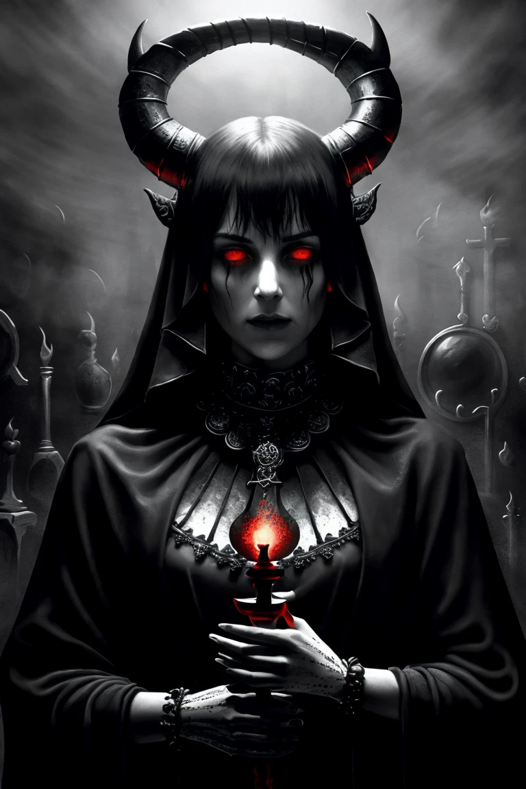 a painting of a holy succubus with horns, in prayer with upraised hands, gloves, gothic ((mantle)), hood, robe, vampire the masquerade bloodlines, incredible art, gloomy background, nimbus, church ragged vestments, darksketch, minimalism