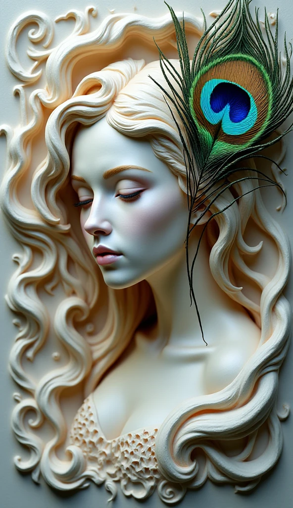 sculpture, panel, 3D, beautiful woman with long hair, peacock feather. high detail, sharp focus, fantasy style, Greg Rutkowski
