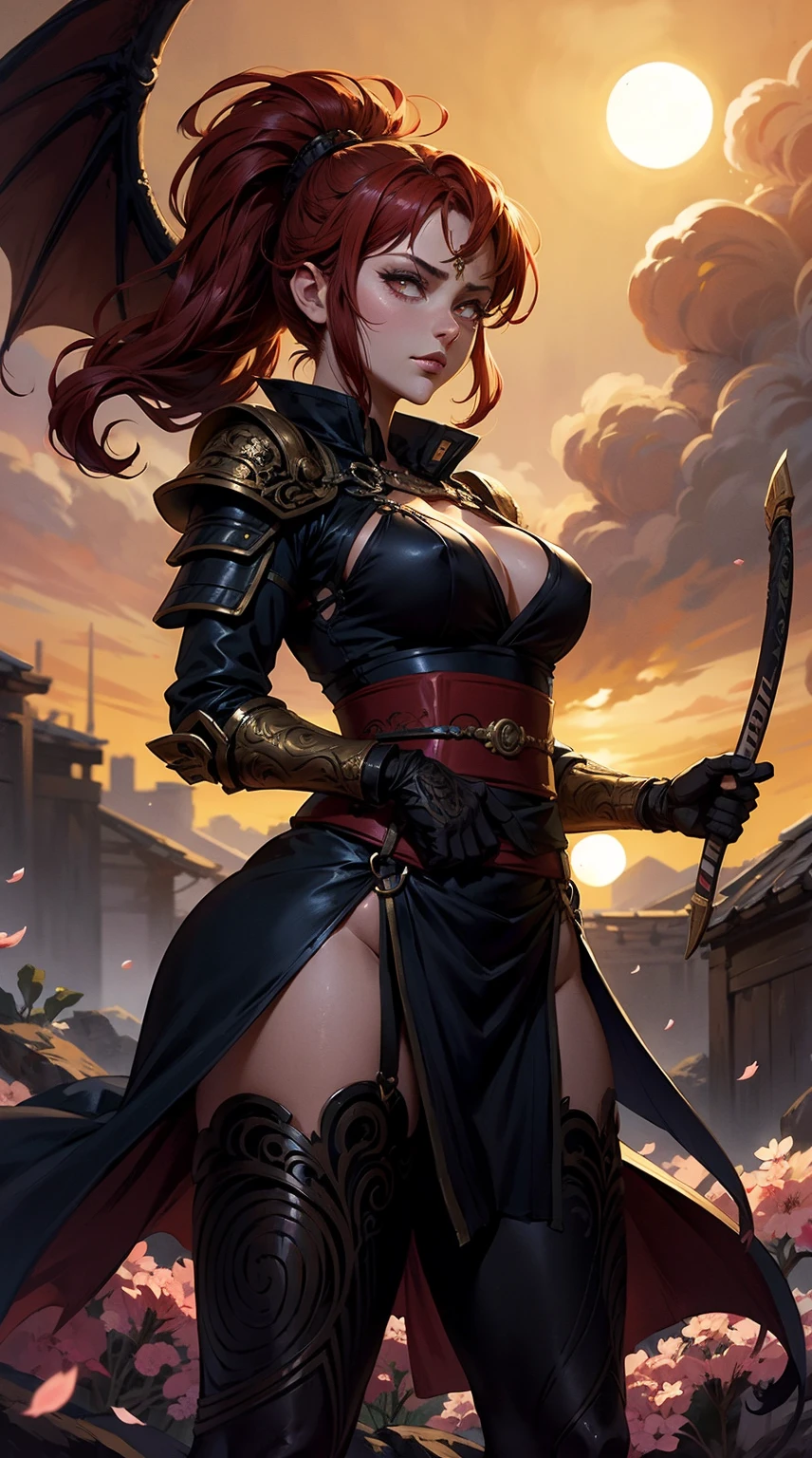 A full-bodied woman in black ancient samurai armor, her red hair cascading down her back, her brown eyes piercing through the darkness, her perfect mouth set in a determined expression, her vivid eyes with a circular iris, her hands gripping a fire katana sword, her perfect hands ready to strike. Against a backdrop of an ancient Chinese village in flames., interior architecture, Art Deco, modern, ray tracing, cinematic lighting, Futurism, modern, Realism, super detail, best quality, highres, 8k, 16k, best quality
