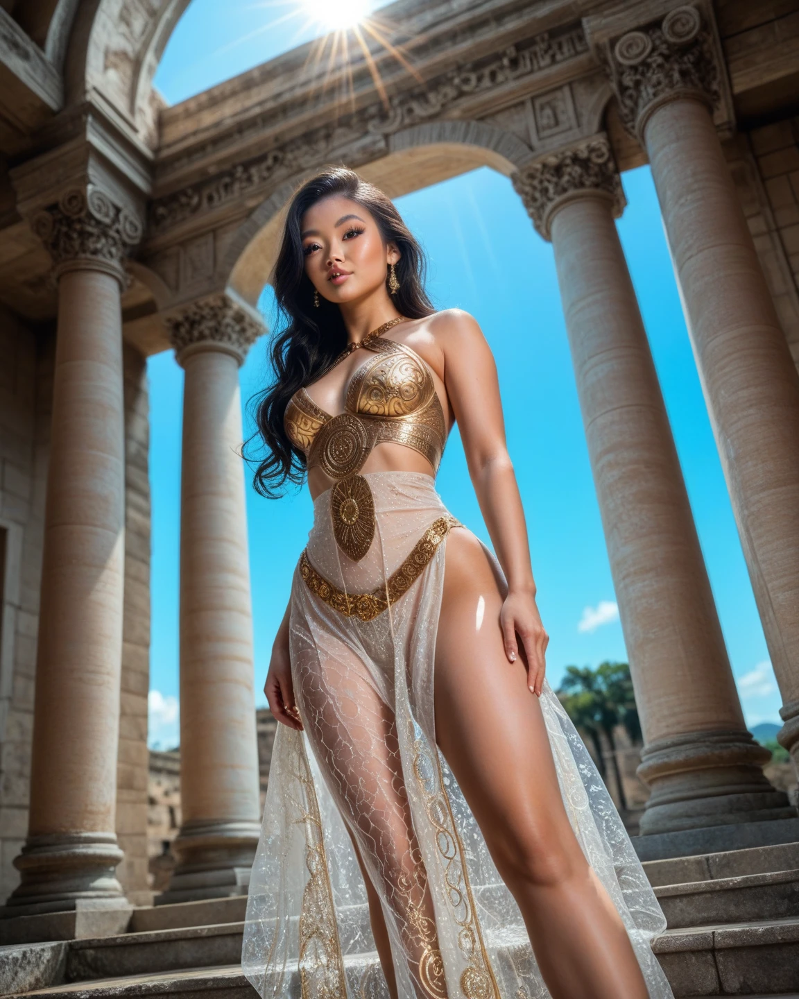 Woman naked in gold richly jewelry, she is in futuristic golden domem ,1girl, ((golden hearing aid)), Highly Detailed Face and Skin Texture, ((white skin)) big green eyes, slim face, juicy lips, bimbo lips, big puffy breast, mikro niples piercing ((curly Black hair)), Black hair, pale skin, Detailed Perfect Eyes, Double Eyelids, cyberpunk gold metal jewelry BDSM, gold metal cyberpunk tapes on legs, metal jewelry Collar, piercing in , no panties, metal jewelry mesh on naked body, naked ,metal jewelry in , metal chain in , gold jewelry, wet skin, she is naked. White skin, ((She is in the golden metal and glass cyberpunk tent)). ((The tent is dome-shaped)). In jungle masterpiece. 8K