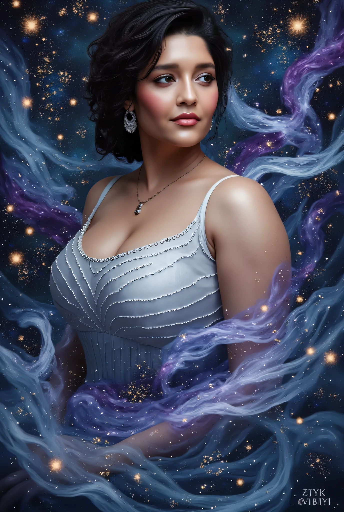 "A woman in a dreamy pose surrounded by a cosmic-inspired background of swirling blues, silvers, and deep purples, reminiscent of a galaxy. The dynamic strokes create a celestial atmosphere, and the 'AI Indie' signature is softly blended into the starry foreground."