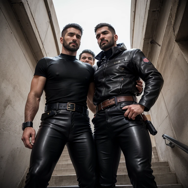 Three 35-year-old European men, like young male lovers, Blue eyes clear,Full chest muscles,swelling of chest muscles,Sexy and charming eyes,they are together, Everyone is wearing stylish black leather pants,all topless, they are posing for fashion editorial, photo shoot, Face, Pop music, fashion editorial, Our view of them is from shoulders to head, garden,Ink flower background