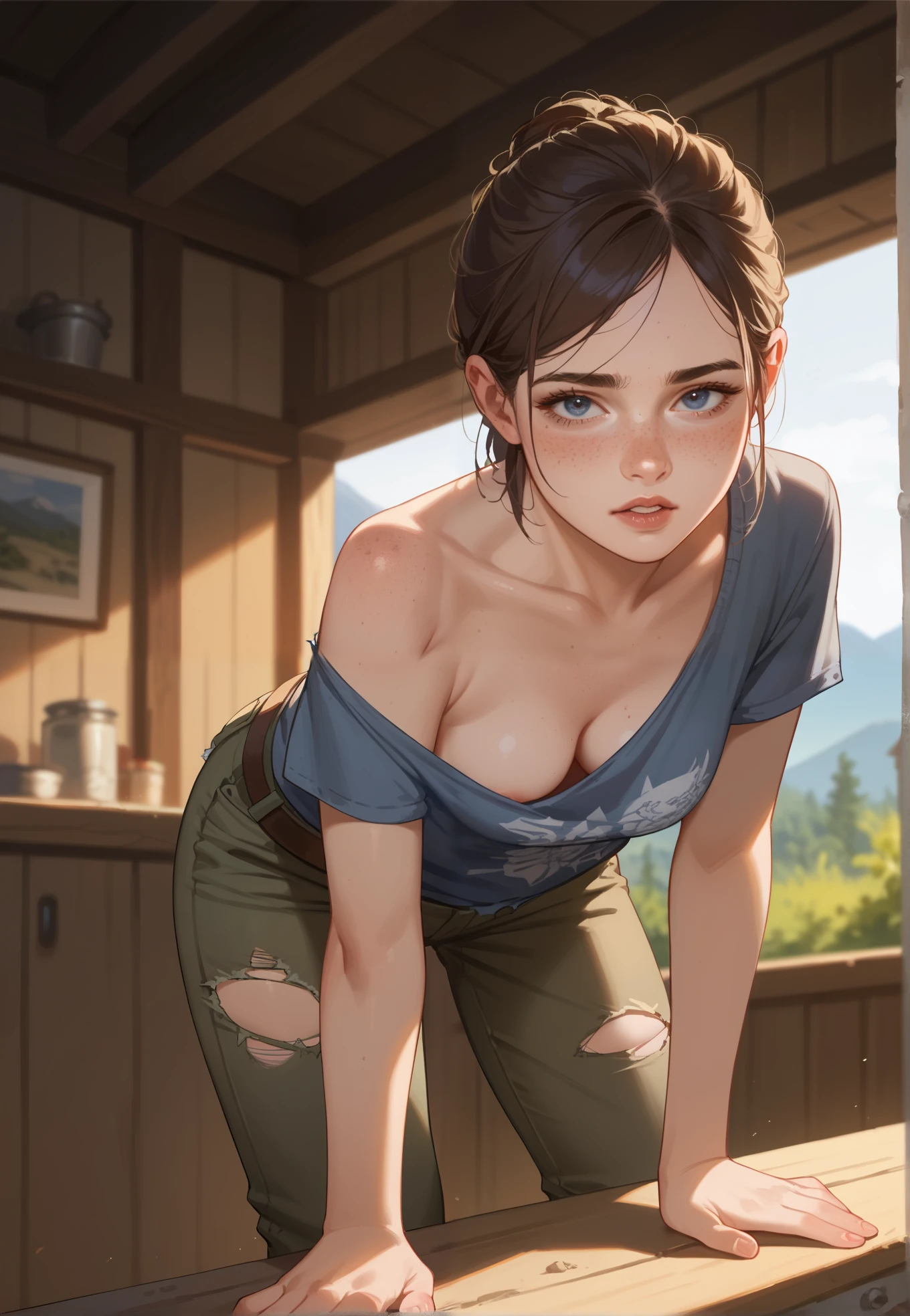 1girl, Ellie, the last of us, parted lips, torn t-shirt, torn cargo pants, bandages, bent over,downblouse, sexy pose, BREAK, night time, mountain cottage, cinematic lighting,