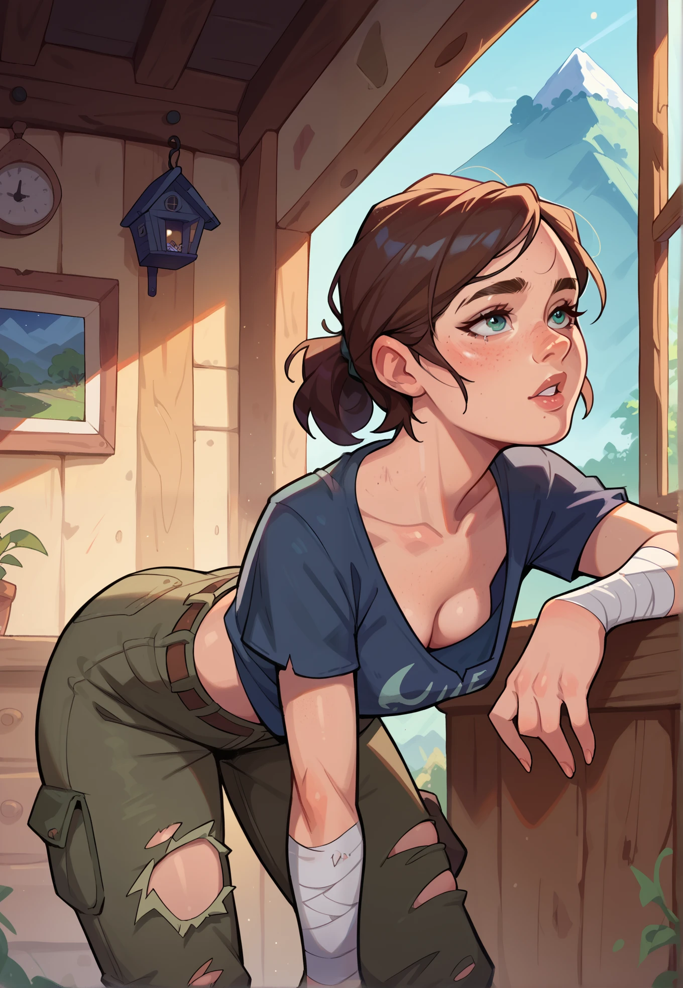 1girl, Ellie, the last of us, parted lips, torn t-shirt, torn cargo pants, bandages, bent over, downblouse, sexy pose, BREAK, night time, mountain cottage, cinematic lighting,