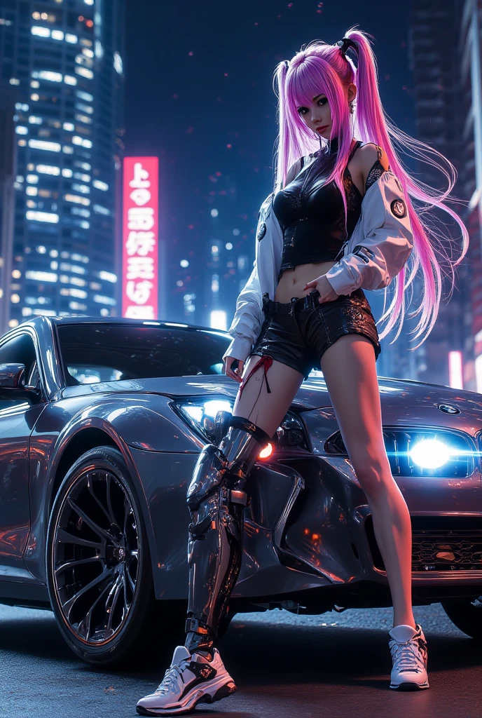 Uma imagem hipnotizante de uma mulher sensual em um ambiente cyberpunk, com um decote provocativo e tatuagens intrincadas, destacando-se em meio a uma cidade movimentada com carros em movimento. The city's neon lights enhance its unique beauty as it stands out in the cityscape.