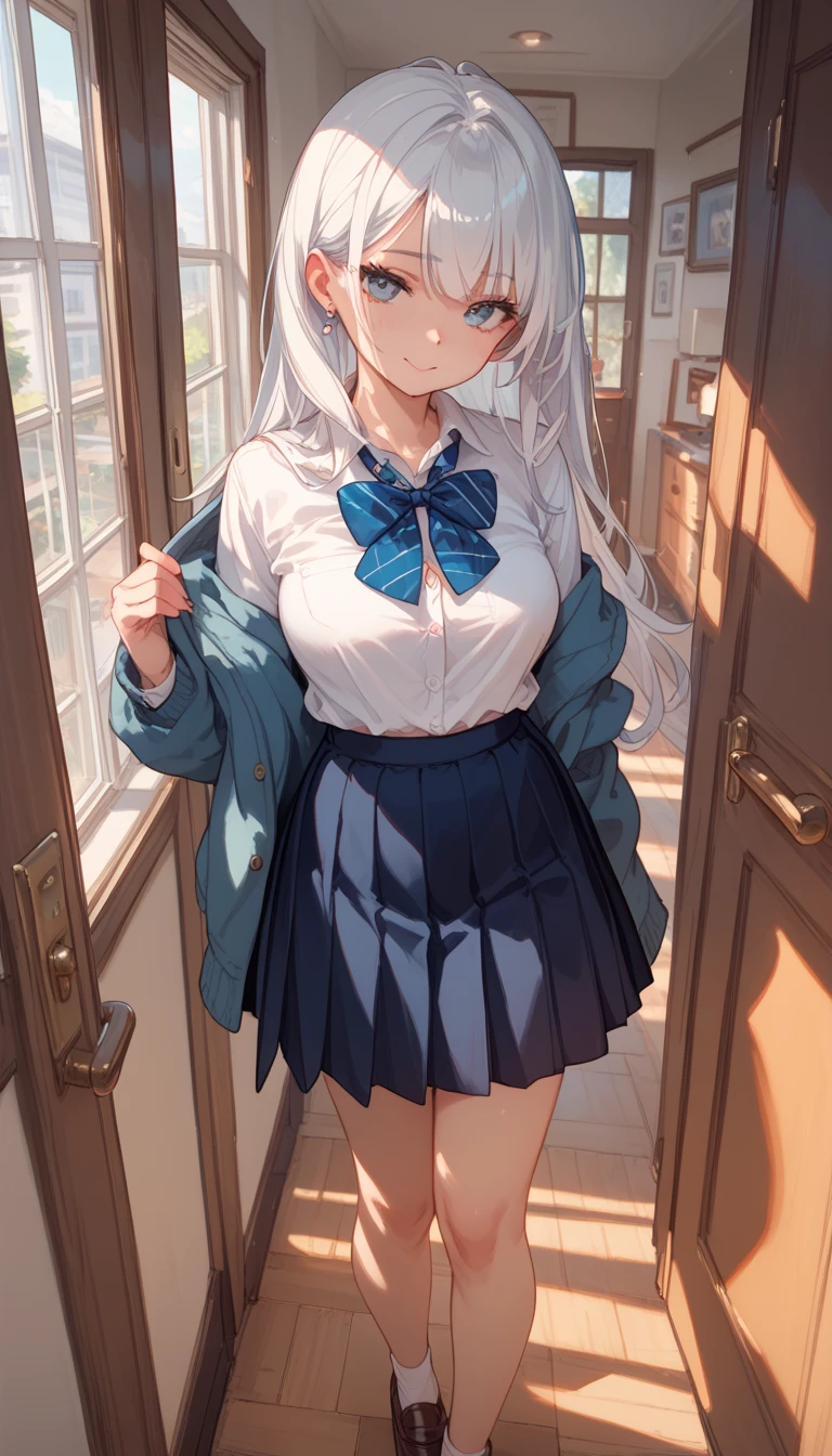 ((1 girl:1.5))、(smile:1.5)、、(cowboy shot)、(fun!!)、(white cardigan:1.5)、(dog ears)、(silver hair)、(blush:1.5)、(long hair)、(eye highlights:1.3)、blake black shoes,(黒いskirt:1.5)、bow, button, shirt with collar, long sleeve, ((red bow tie, ,, white shirt, チェック柄のskirt:1.5、white socks)),, shirt,, skirt, socks, thighs, white shirt, Rest indoors, ((classroom:1.5))、 BREAK while watching the audience、 (perfect hands, perfect ???????),cowboy shot、(skirtlift:1.3),(highly detailed white panties:1.3)、(highly detailed panties:1.3)、、(skirt that rolls up:1.3)、(fully exposed panties:1.5)、light blue eyes