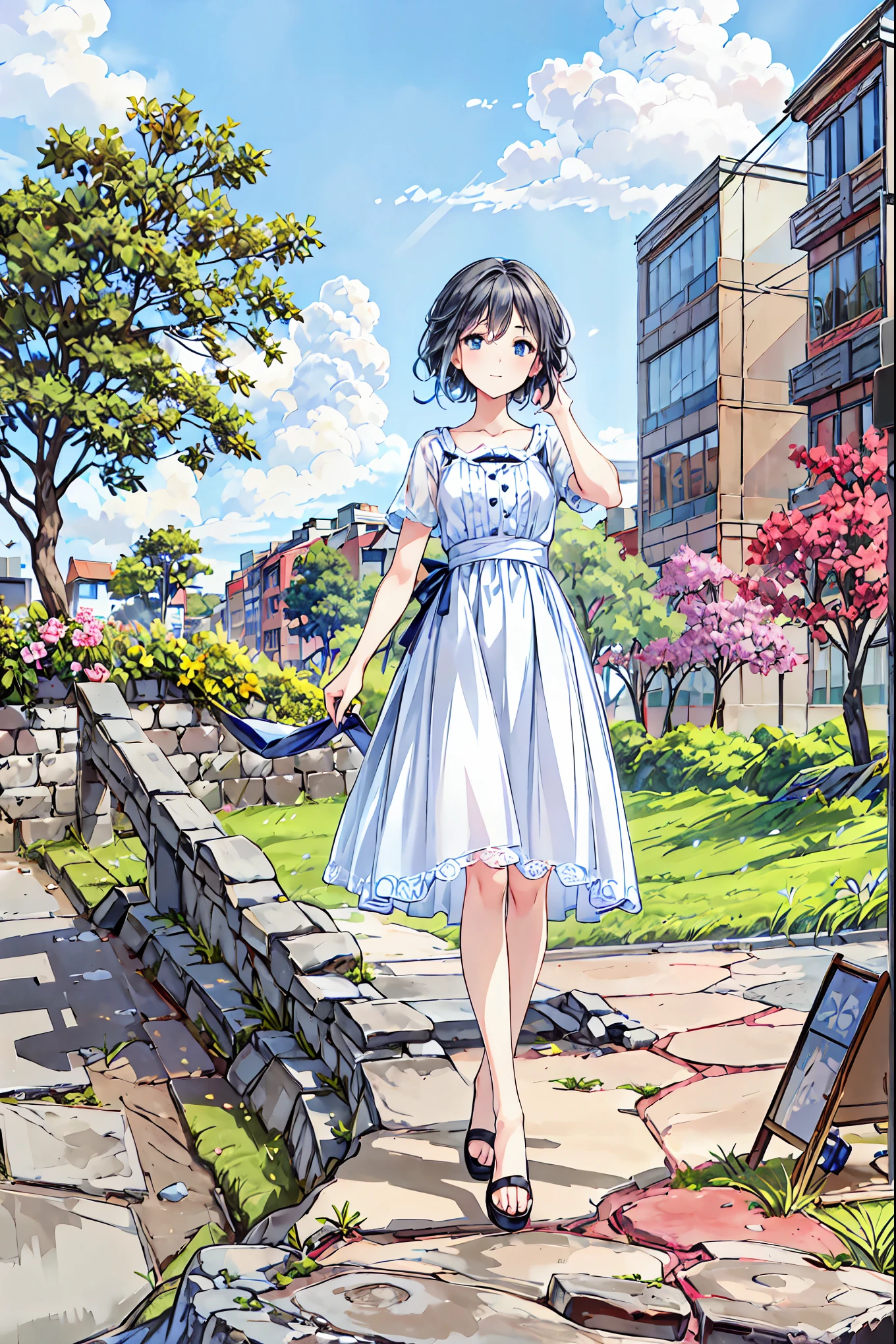 (Masterpiece), 1 girl, black hair, cloud, day, dress, Fantasy , is not human, Outdoors, post-apocalypse, Ruins, scenery, shirt, short hair, Short sleeve, null, standing, starry null, tree, water, tea hair, shortcuts, unkempt hair,Short braided hair,Neat, slender beautiful woman,Correct posture,Small chest, Beautiful Legs, has enchanting gray-blue eyes shining like stars,Droopy eyes, bright colors, beautiful eyes,A delicate smile,Textured Skin, Best Quality at its Best , gentle and beautiful woman , anime style、