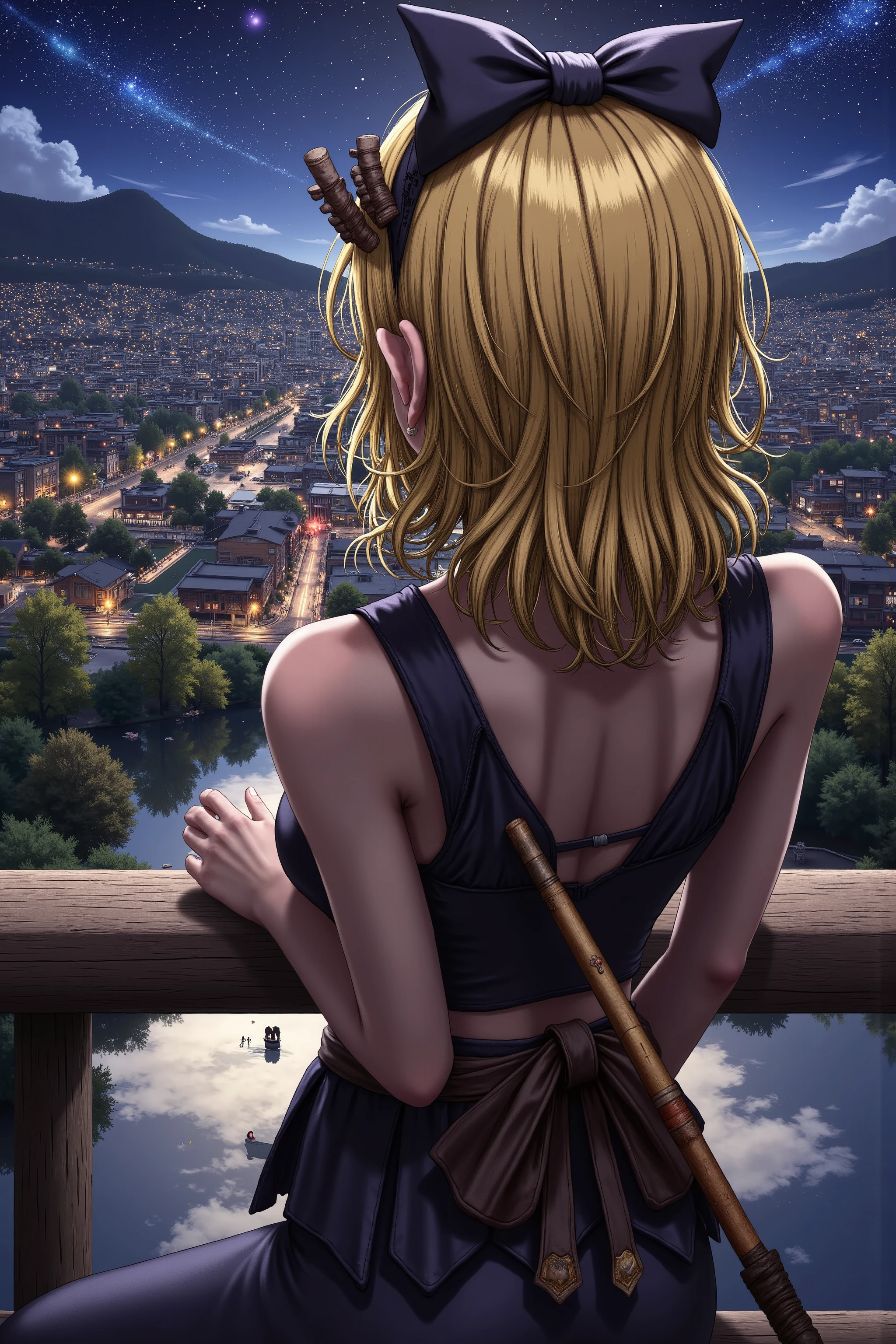 Shinobazu Pond overlooking the town、 Japanese Knife 、Sengoku Warlord Armor、 matte brown skin , small breasts, video, yellow hair, invitation, top quality, textured skin, Thin legs, high heels, Movie Light Effects , Summit, Big City Night View