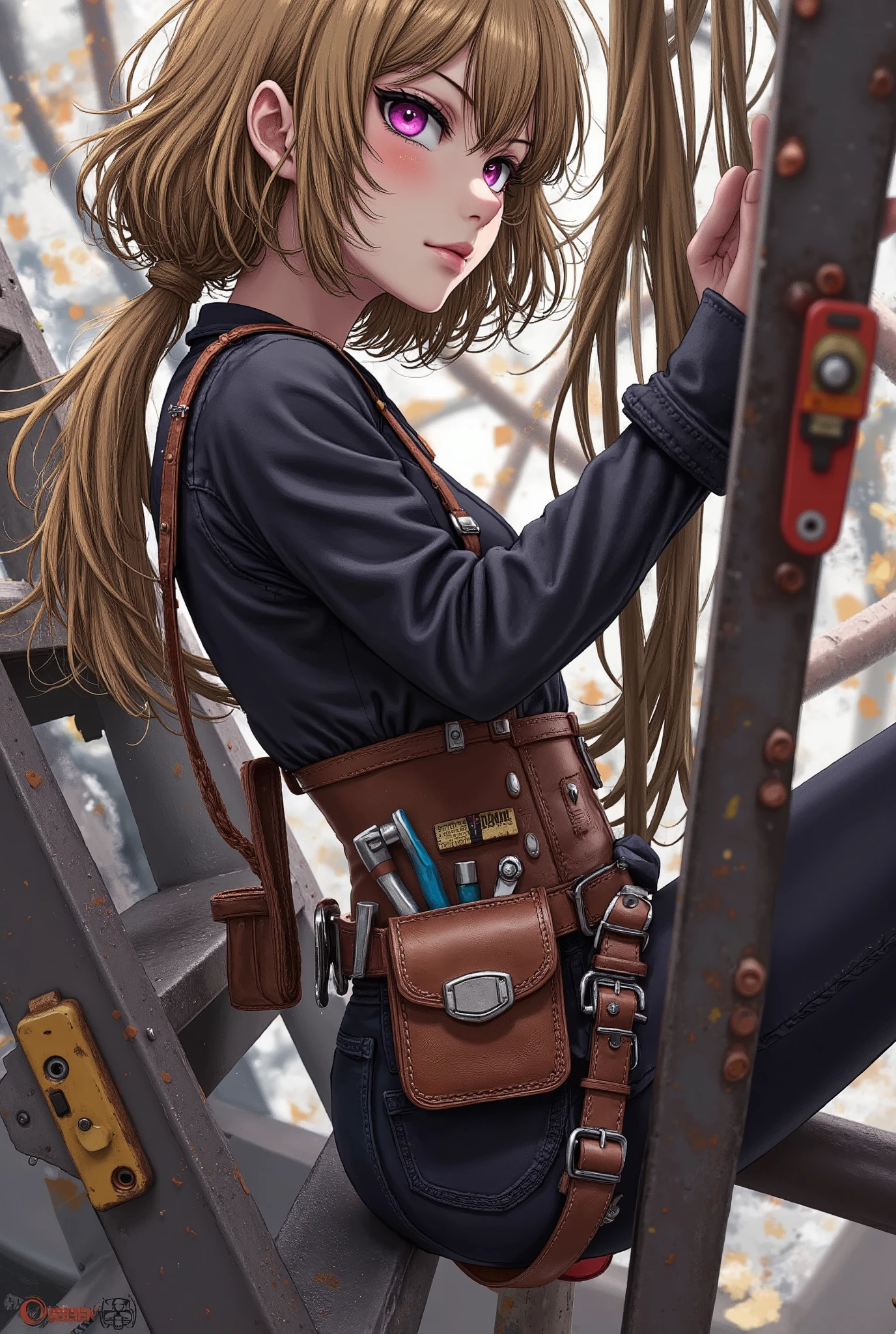 Beautiful woman doing electrical work , stepladder、 tanned leather tool belt with electrician tools、Full Harness、anime