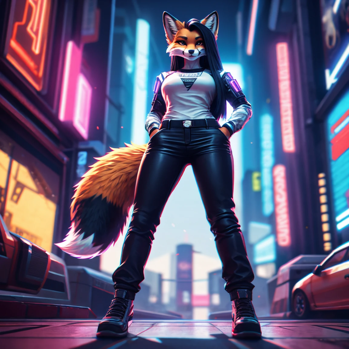uploaded on e621, (by Wildering, by fluff-kevlar, by aycee), solo, female opossum, anthropomorphic opossum, neck tuft, hip tuft, leg tuft, big tail, red eyes, clear eyes, left ear piercing)), (((fur colors of black and white))), (full body portrait), (masterpiece), (best quality), (anthro furry:1.3, snout:1.2, anthro:1.3, furry:1.2, solo female:1.2), (thick figure, curvy figure), (wide hips), (extremely thick thighs), (huge breasts, perky breasts), sexy pose, suggestive pose), (((Rodent))) BREAK (((sexy cyberpunk outfit, cropped unzipped jacket with small top, cropped tactical pants that are torn and patched, digitigrade feet))), (cyberpunk city background at night, depth of field, neon lights, ambient light on the body), (intricate:0.7), (high detail:1.3), (unreal engine:1.3), (sharp focus:1.15), [explicit content, questionable content], (masterpiece, best quality, 4k, 2k, shaded, absurd res)