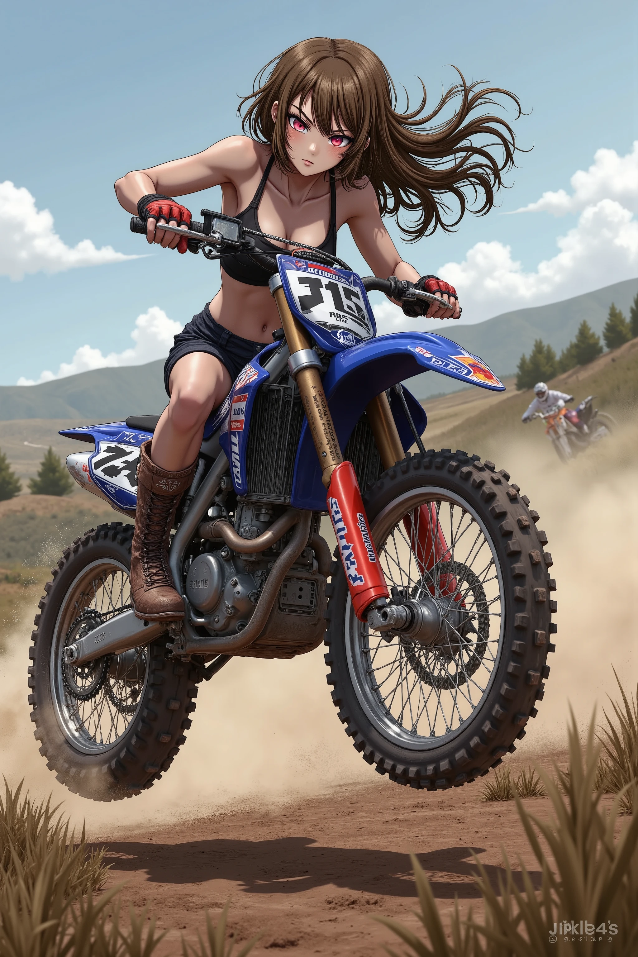 1 girl, matte brown skin , abs,motocross racing,Yamaha WR250 , acrobatic riding、anime