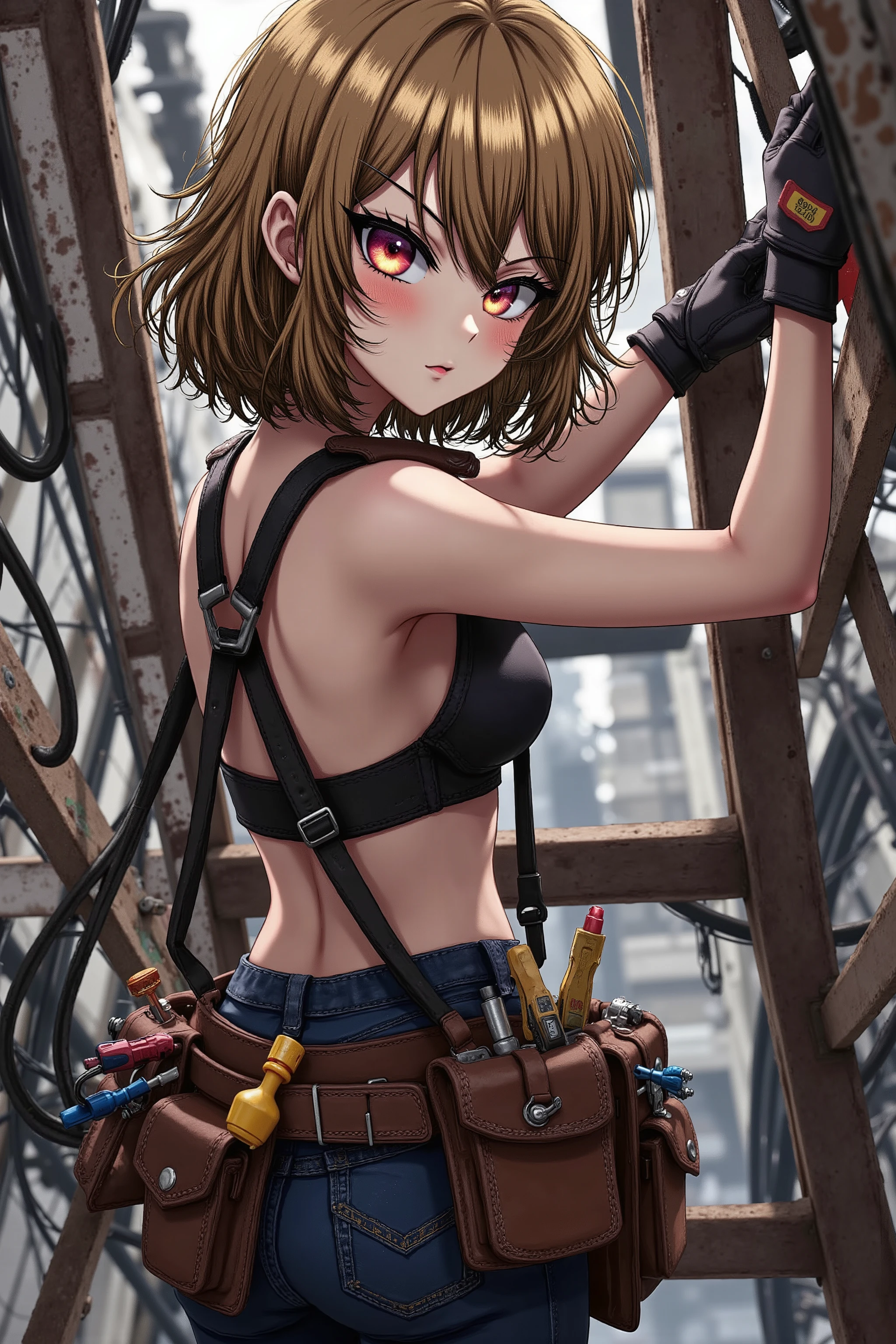 Beautiful woman doing electrical work , stepladder、 tanned leather tool belt with electrician tools、Full Harness、anime