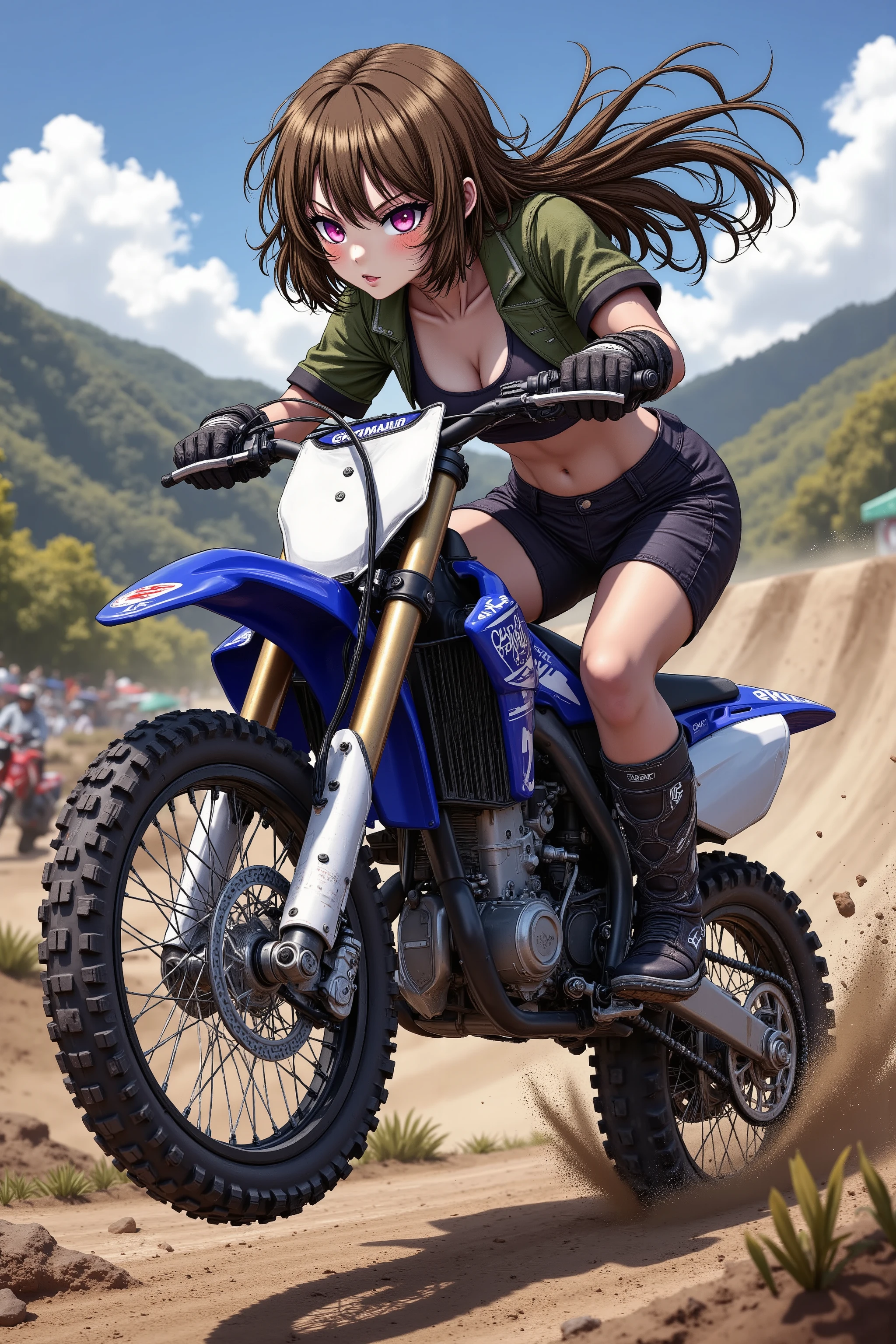 1 girl, matte brown skin , abs,motocross racing,Yamaha WR250 , acrobatic riding、anime