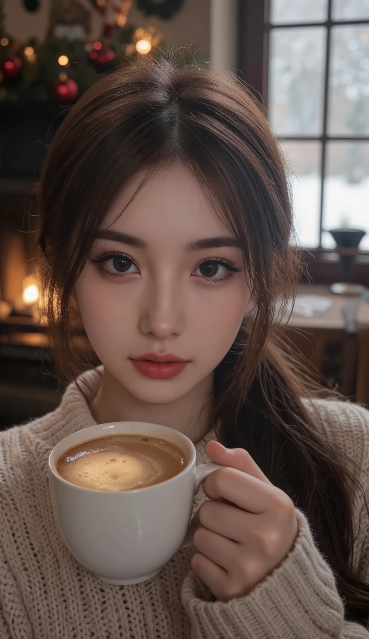 a beautiful young woman, snow, frost, fireplace, cozy home, warm drink, winter festival, (best quality,4k,8k,highres,masterpiece:1.2),ultra-detailed,(realistic,photorealistic,photo-realistic:1.37),extremely detailed face and eyes,beautiful long eyelashes,flawless skin,warm lighting,soft shadows,holiday atmosphere,winter wonderland,winter holiday,Christmas celebration,snow covered trees,festive decorations,steam from hot drink,glowing fireplace,winter landscape, merry Xmas