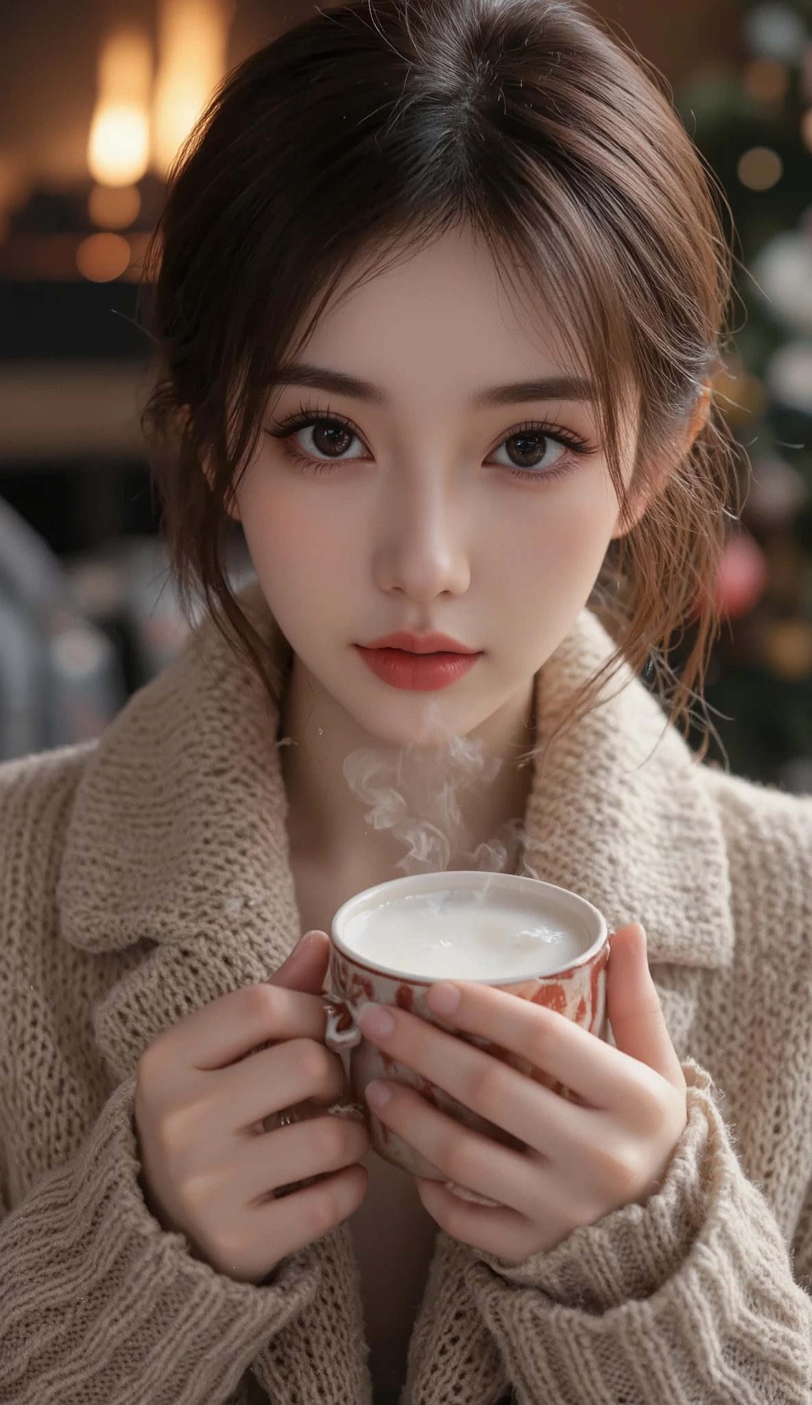 a beautiful young woman, snow, frost, fireplace, cozy home, warm drink, winter festival, (best quality,4k,8k,highres,masterpiece:1.2),ultra-detailed,(realistic,photorealistic,photo-realistic:1.37),extremely detailed face and eyes,beautiful long eyelashes,flawless skin,warm lighting,soft shadows,holiday atmosphere,winter wonderland,winter holiday,Christmas celebration,snow covered trees,festive decorations,steam from hot drink,glowing fireplace,winter landscape, merry Xmas