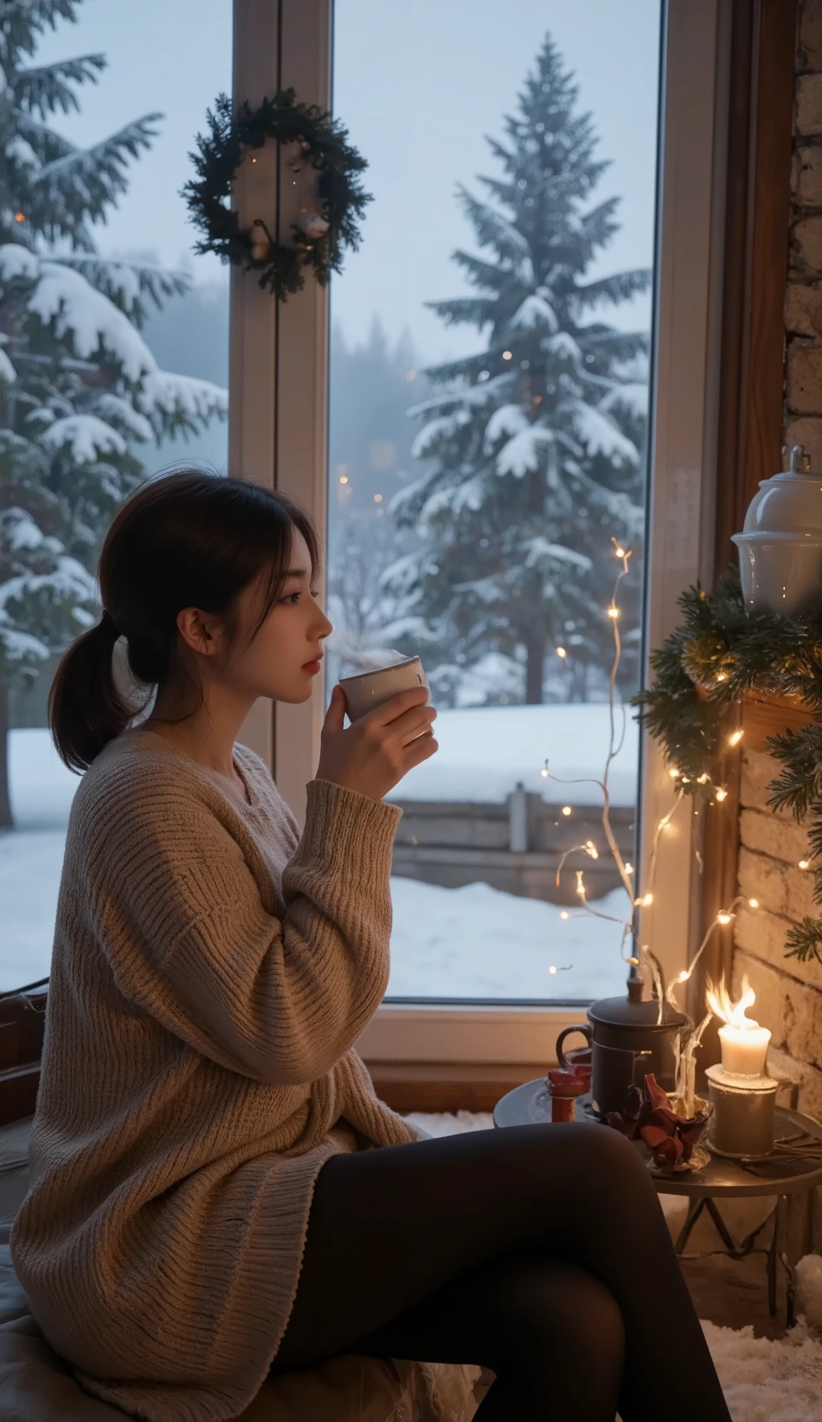 a girl drinking a hot coffee, Hot coffee with steam , I look out the window while warming up in the fireplace, Snowy landscape spreading out of the window , Merry Xmas