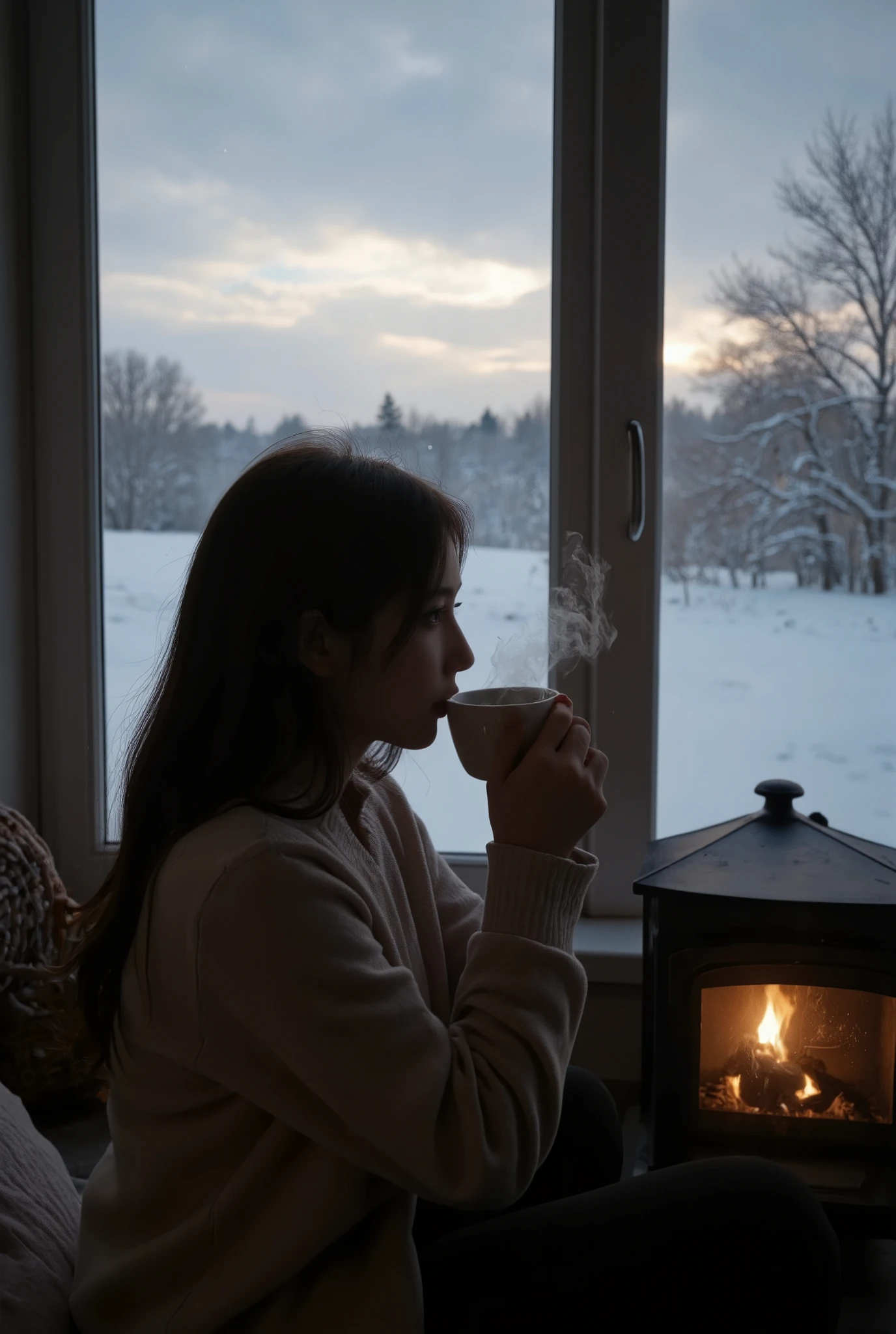 portrait photo, dramatic, a girl drinking a hot coffee, Hot coffee with steam , I look out the window while warming up in the fireplace, Snowy landscape spreading out of the window , Merry Xmas