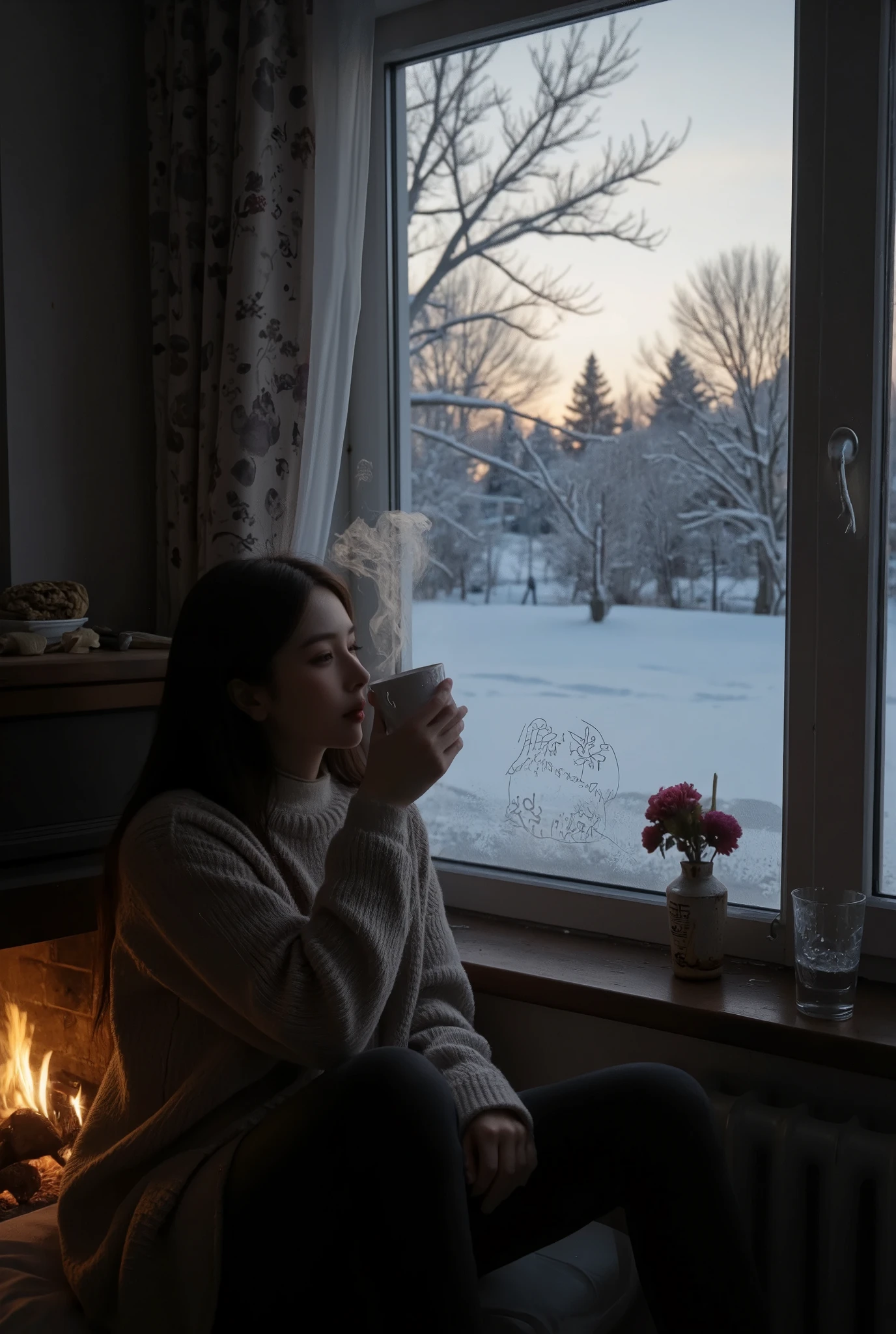 portrait photo, dramatic, a girl drinking a hot coffee, Hot coffee with steam , I look out the window while warming up in the fireplace, Snowy landscape spreading out of the window , Merry Xmas