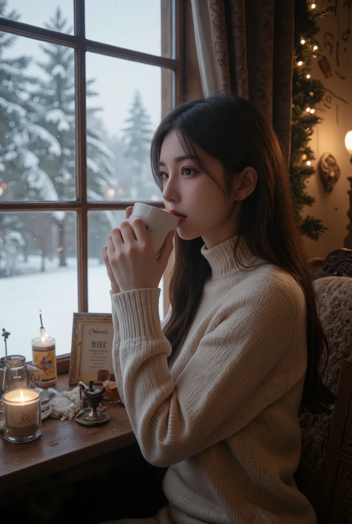 portrait photo, a girl drinking a hot coffee, Hot coffee with steam , I look out the window while warming up in the fireplace, Snowy landscape spreading out of the window , Dramatic Cinema , Merry Xmas