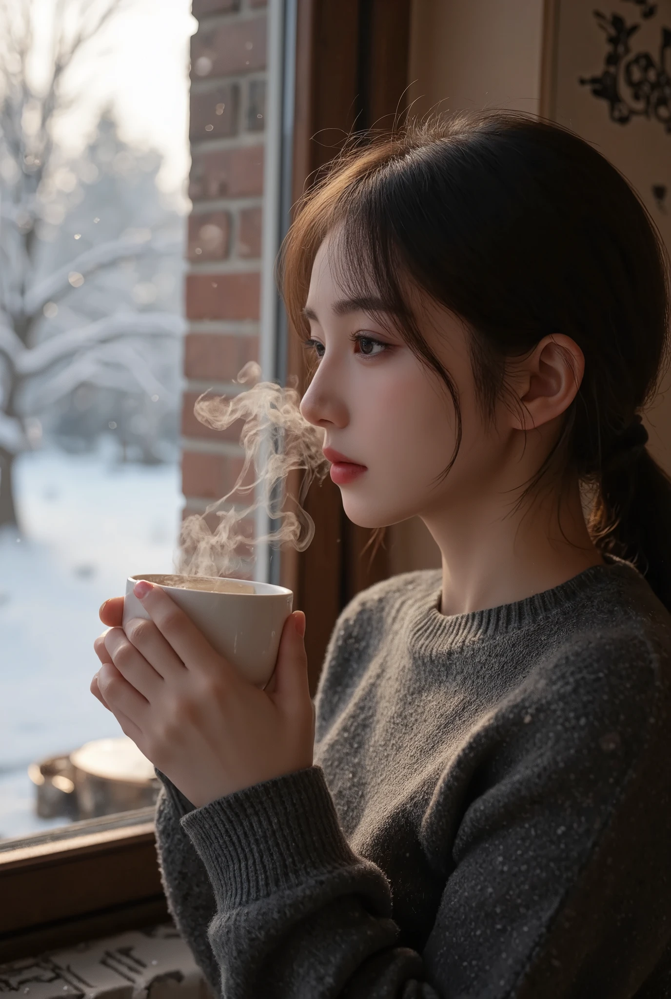  portrait photo, a girl drinking a hot coffee,  Hot coffee with steam ,  I look out the window while warming up in the fireplace, Snowy landscape spreading out of the window , Dramatic Cinema ,  Merry Xmas 