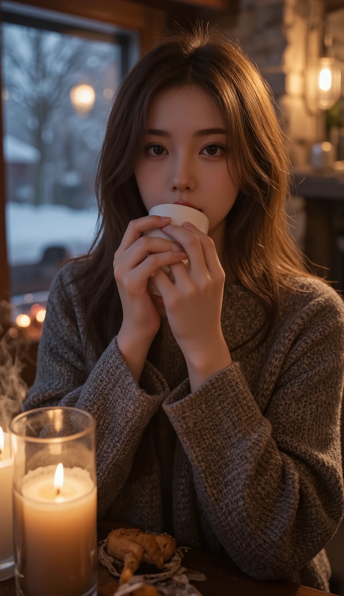 portrait photo, a girl drinking a hot coffee, Hot coffee with steam , I stare at you as you warm up in the fireplace, A beautiful snowy landscape spreading out of the window , Dramatic Cinema , Merry Xmas