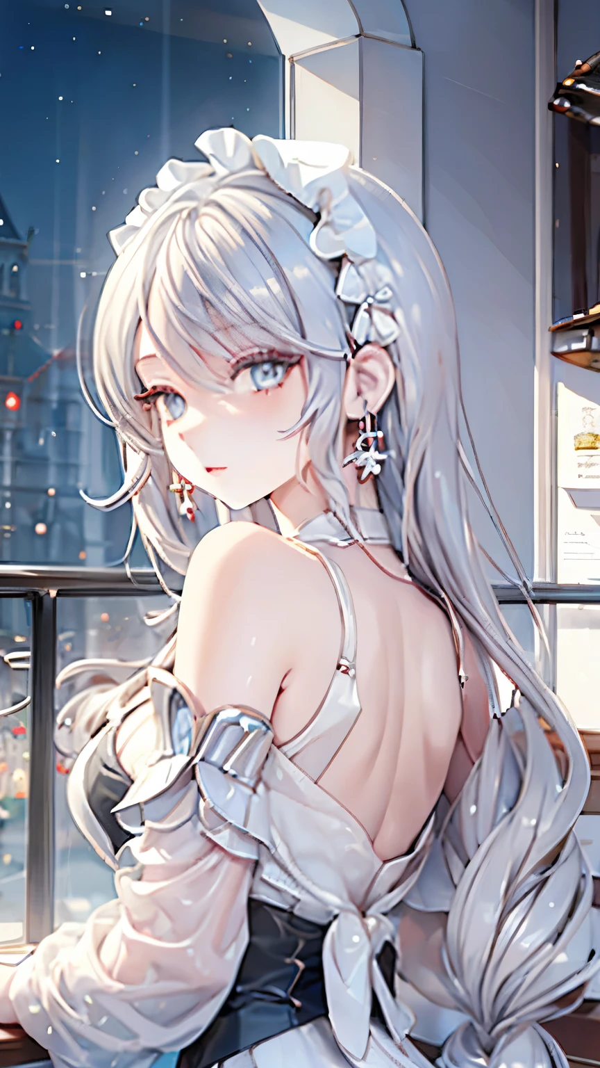 masterpiece, coffee, cafe owner,white hair girl,pale diamond eyes, starry eyes, pale eyes, myth, fantasy, magic, mana, in tower, fantastic , beautyful , cafe background, masterpiece , 8k, ultraquality, magic,nice post, boss, queen personality, trend fashion