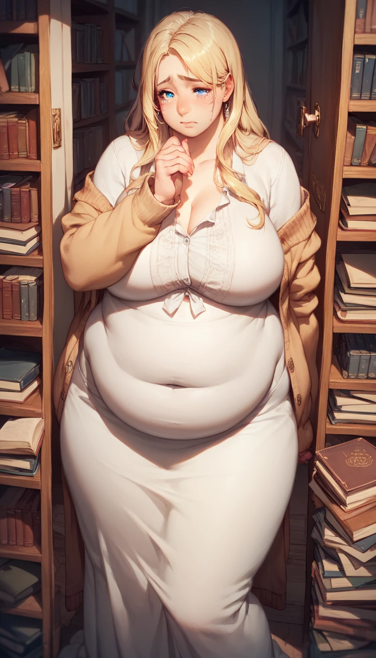 Library, old lady, angry, furious, half monster, obese, giant, ((big text saying "naporowa"))", realistic, librarian, 4k, 8k, unreal engine,aging , white hair, glasses, school librwry, yellow walls, furious atmosphere, very fat