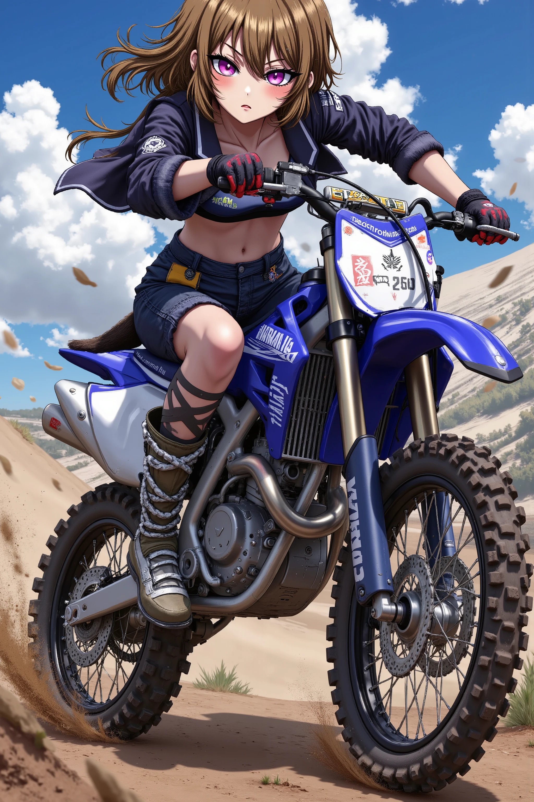 1 girl:Raiko-chan, matte brown skin , abs,Thin legs、motocross racing,Yamaha WR250 , acrobatic riding、anime